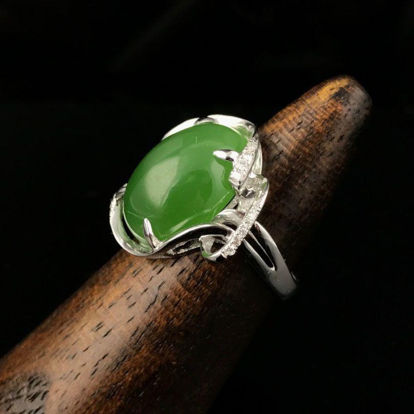 Women's Jade Diamond Ring 18K White Gold  For Sale