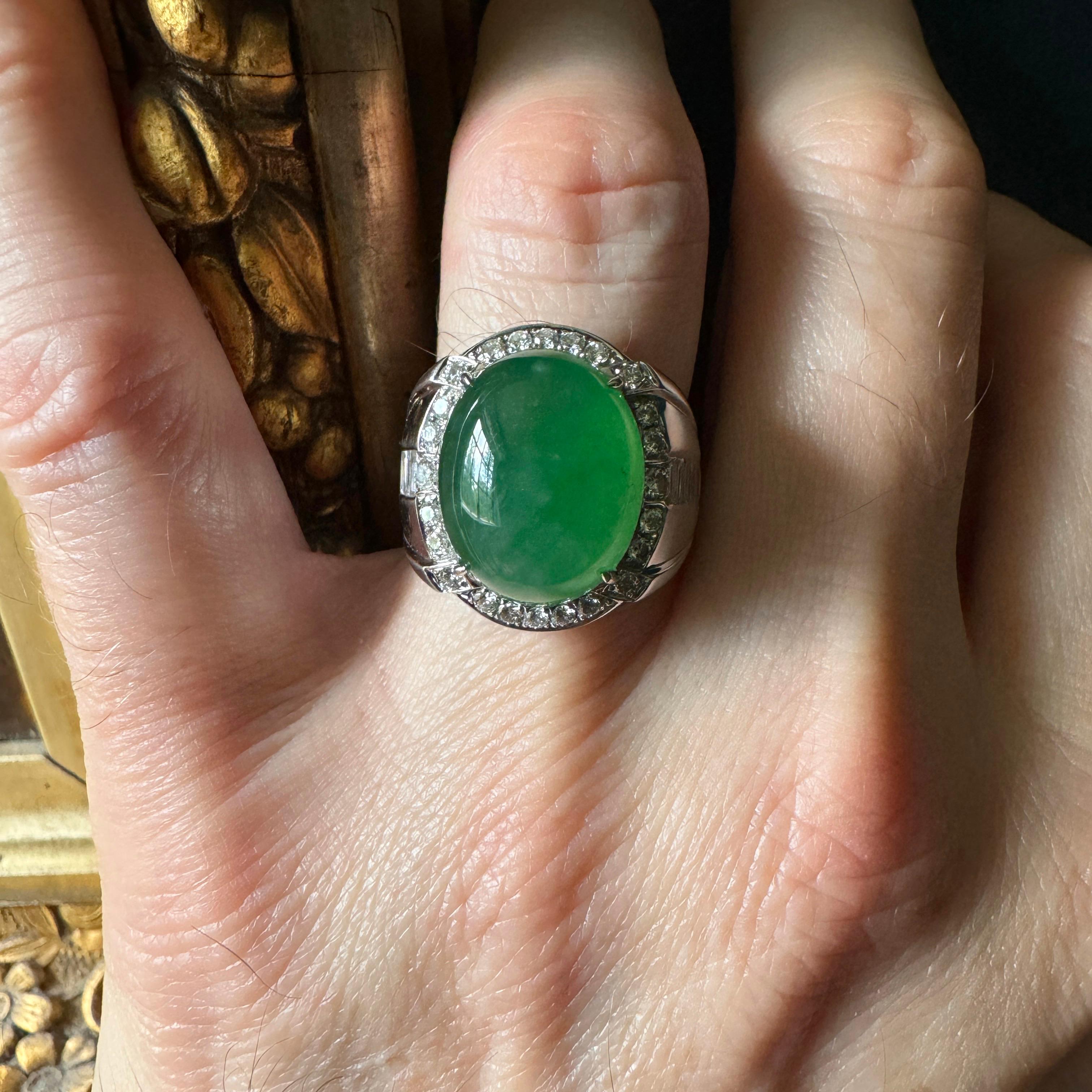 Jade & Diamond Ring GIA Certified Untreated, Size 9.5, 18k, New, Spectacular For Sale 8