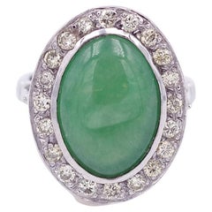 Jade diamond ring in 18k white gold, green jadeite 1970's