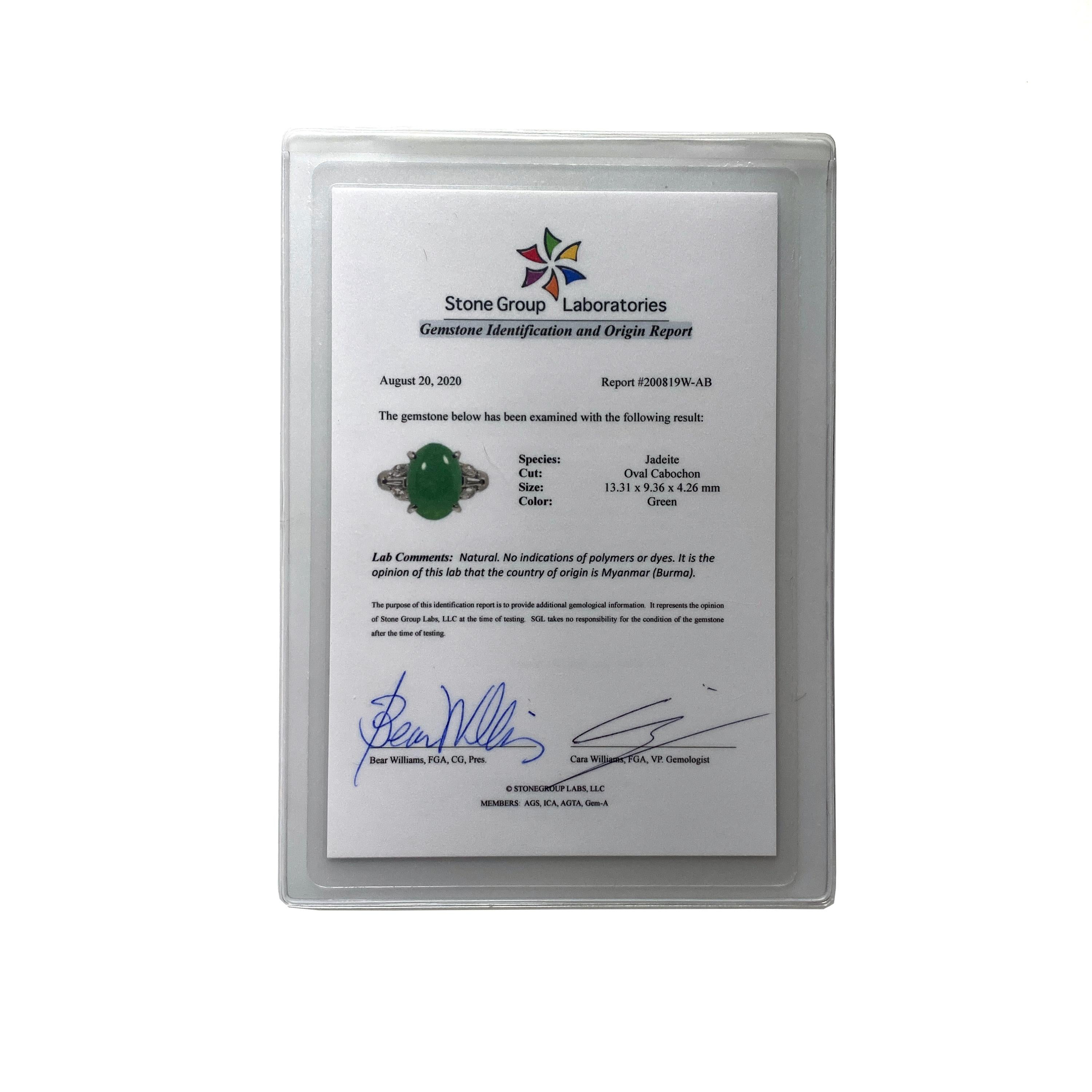 Modern Jade & Diamond Ring Apple Green in Platinum Certified Untreated