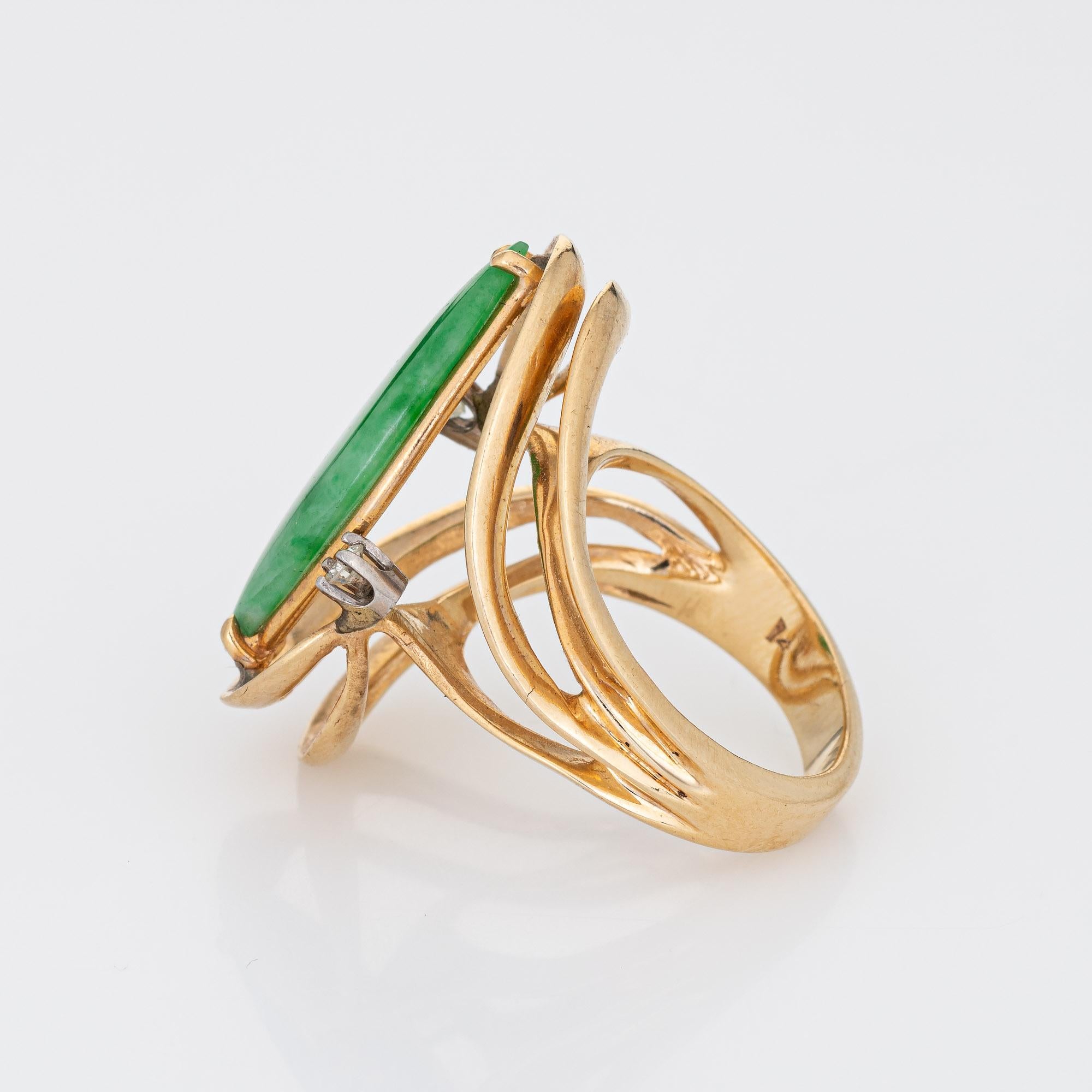 Jade Diamantring Vintage 14k Gelbgold Mitte des Jahrhunderts 60er Jahre Cocktail-Schmuck 5,75 (Marquiseschliff)