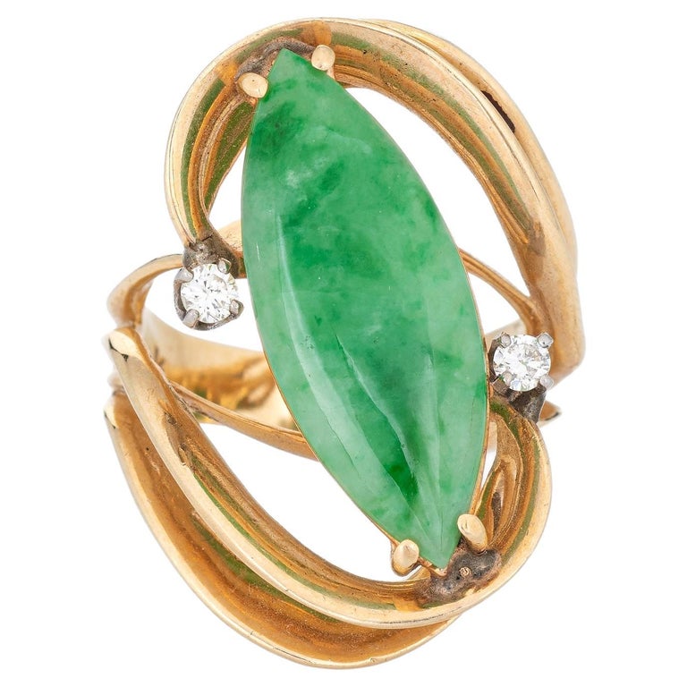 Jade Diamond Ring Vintage 14k Yellow Gold Mid Century 60s Cocktail