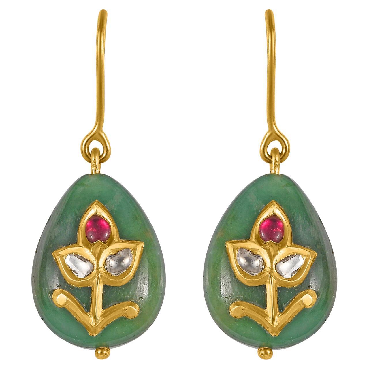 Jade Diamond Ruby 18k Gold Drop Earrings