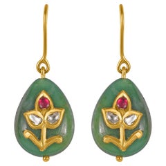 Jade Diamond Ruby 18k Gold Drop Earrings