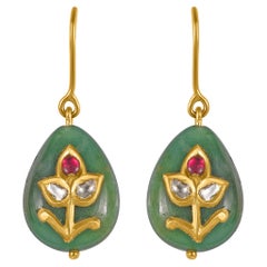 Jade Diamond Ruby 18k Gold Drop Earrings