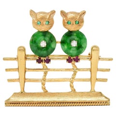 Jade Diamond Ruby Emerald 14K Yellow White Gold Vintage Cats on Fence Brooch