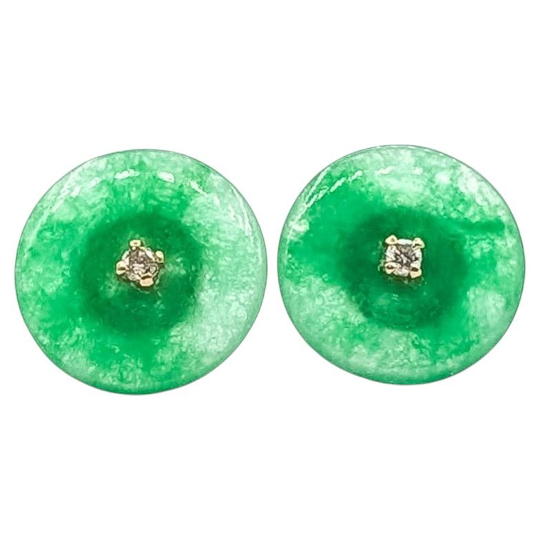 Jade & Diamond Screwback Earrings in 18k Yellow Gold For Sale