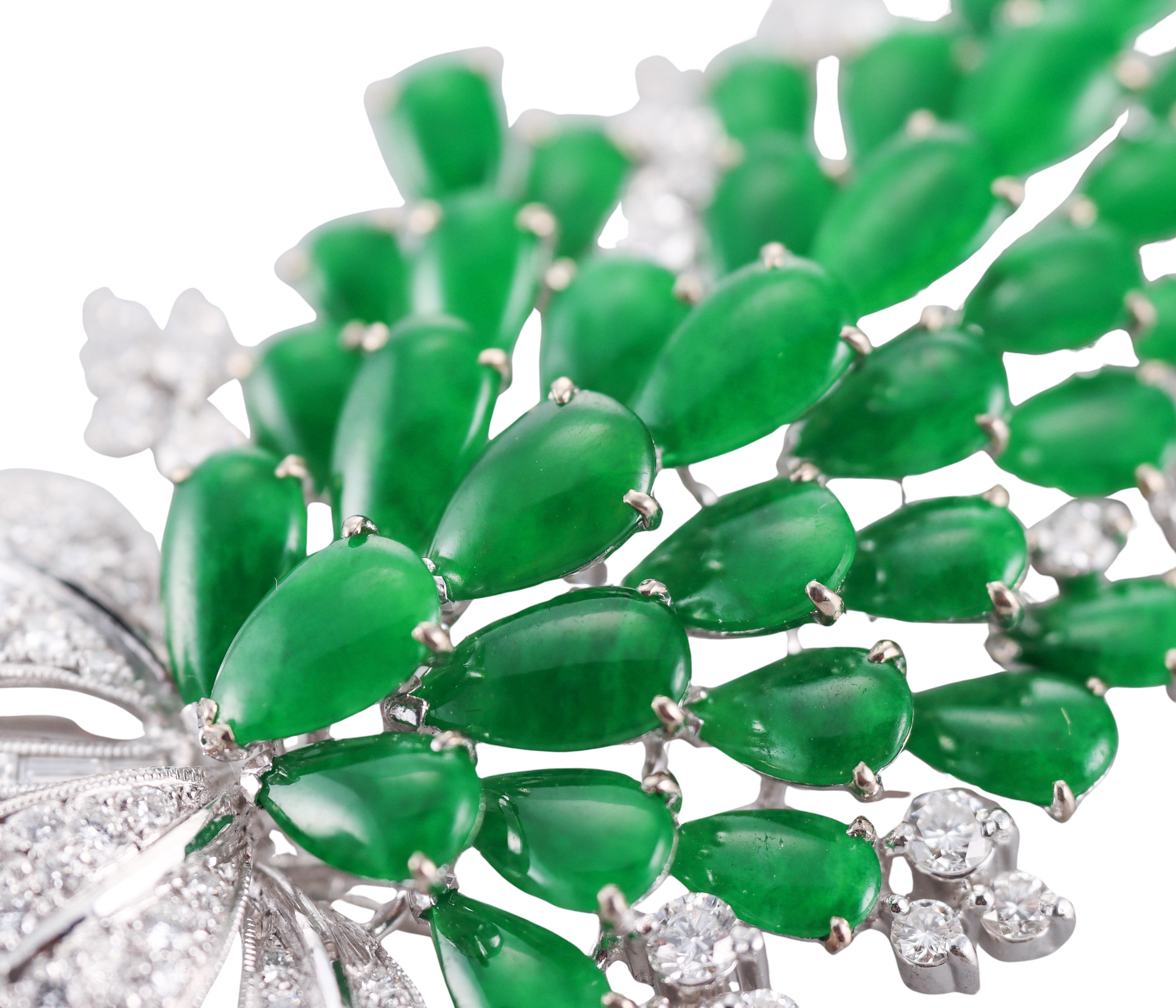 Women's Jade Diamond White Gold Brooch For Sale