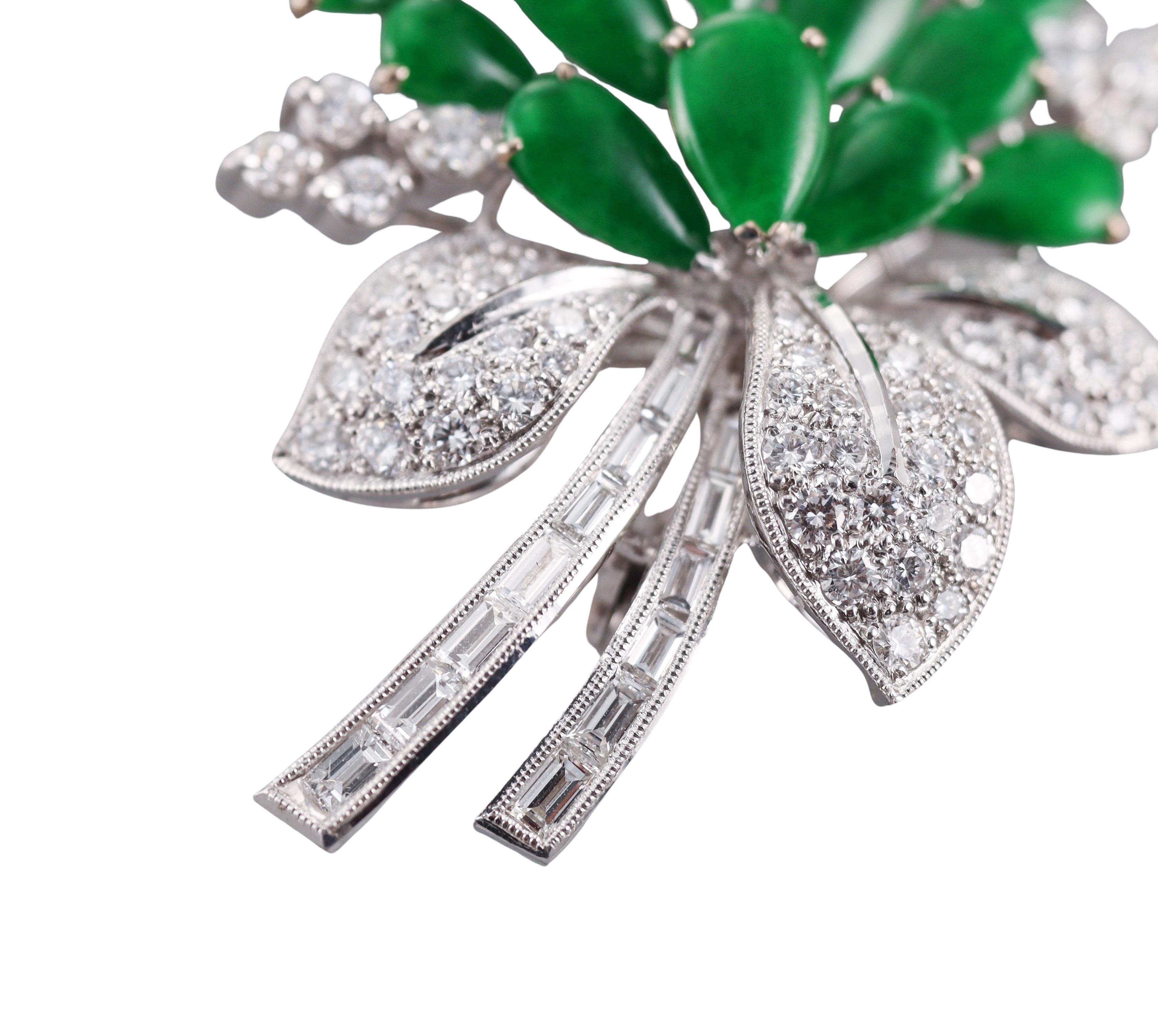 Jade Diamond White Gold Brooch For Sale 1