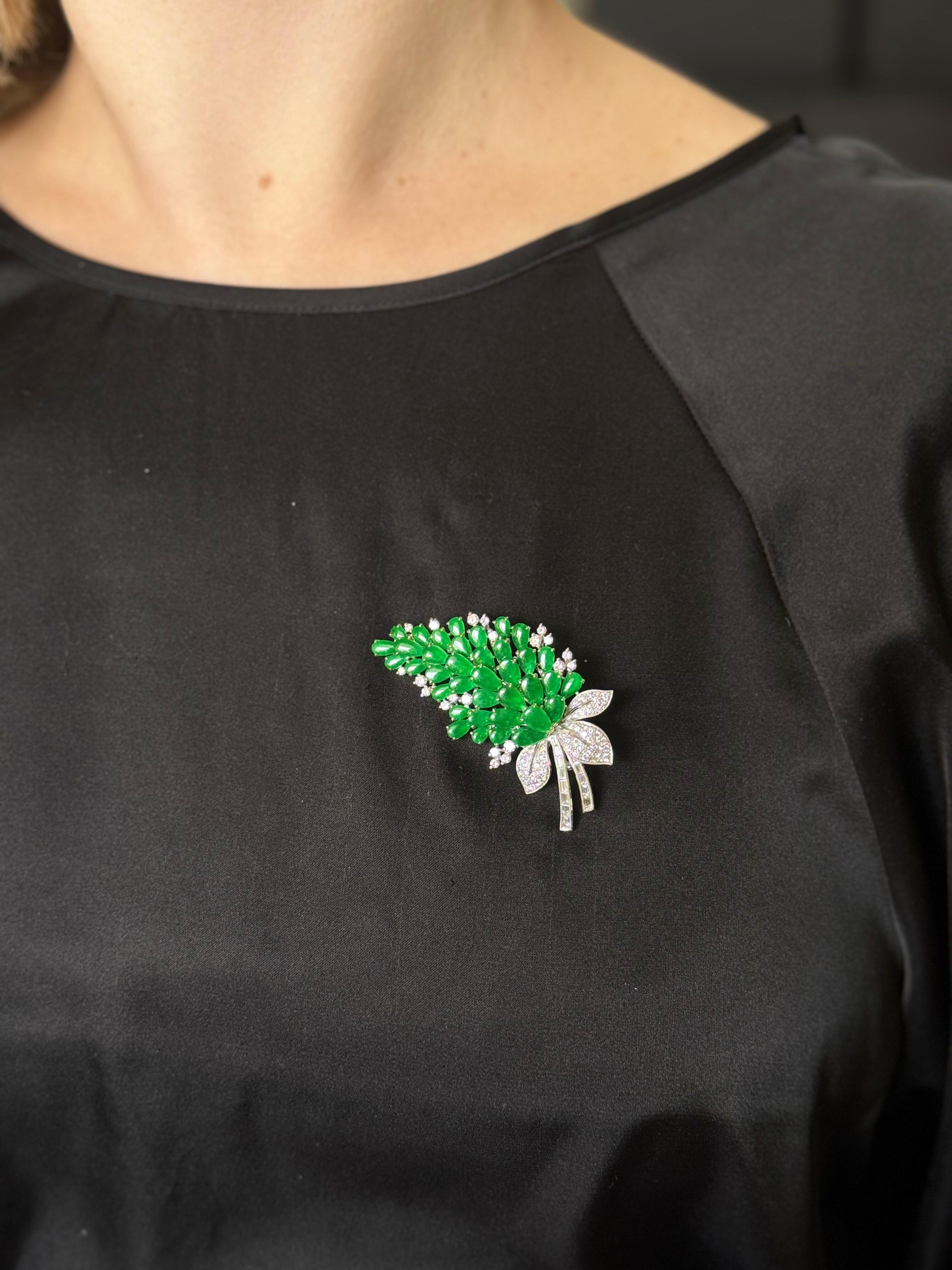 Jade Diamond White Gold Brooch For Sale 2