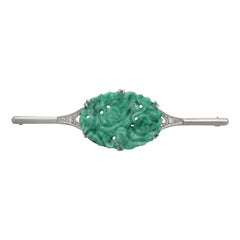 Jade Diamond White Gold Brooch, Vintage, circa 1940