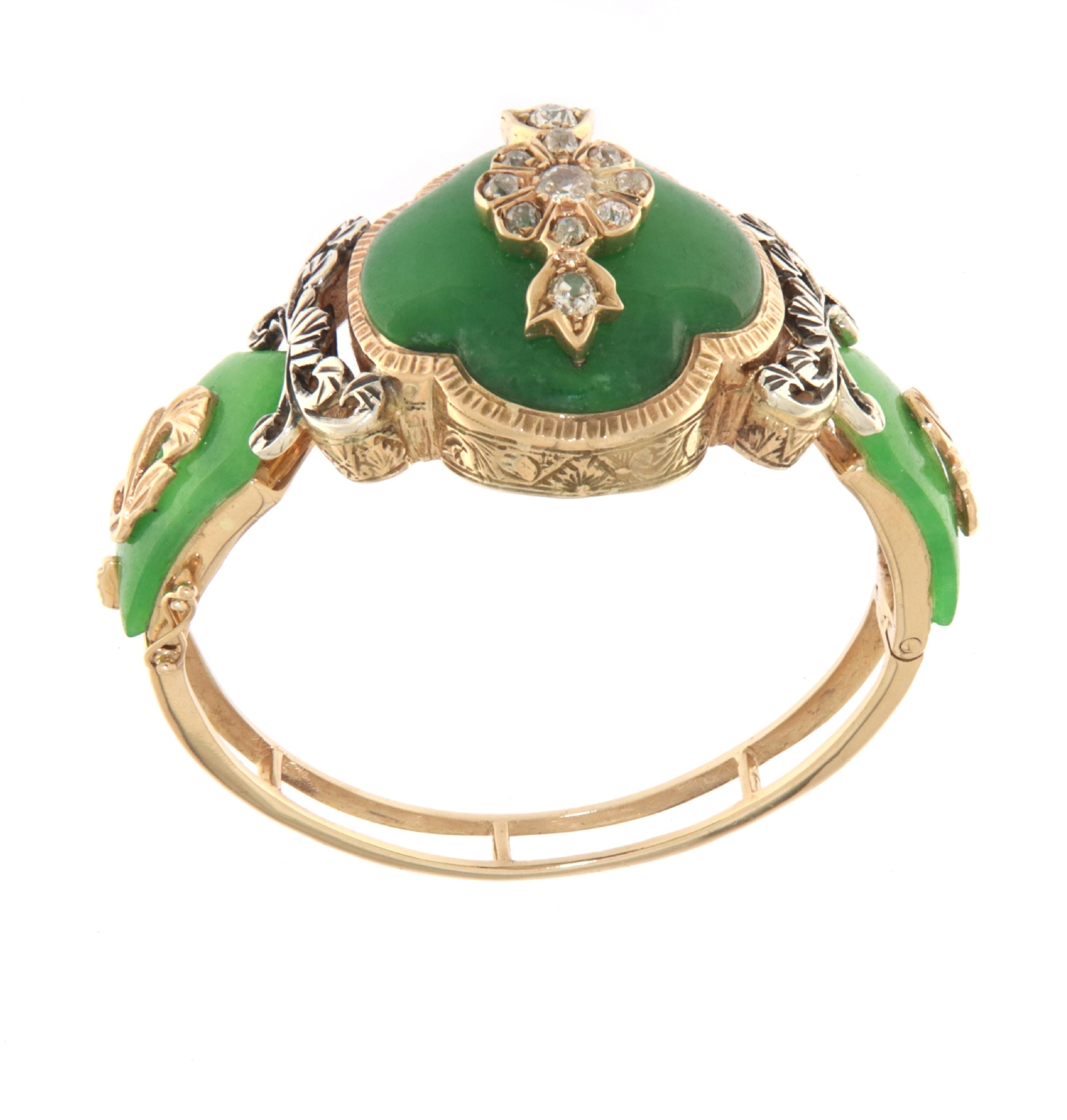 Artisan Jade Diamonds 14 Karat Yellow Gold Clamper Bracelet For Sale