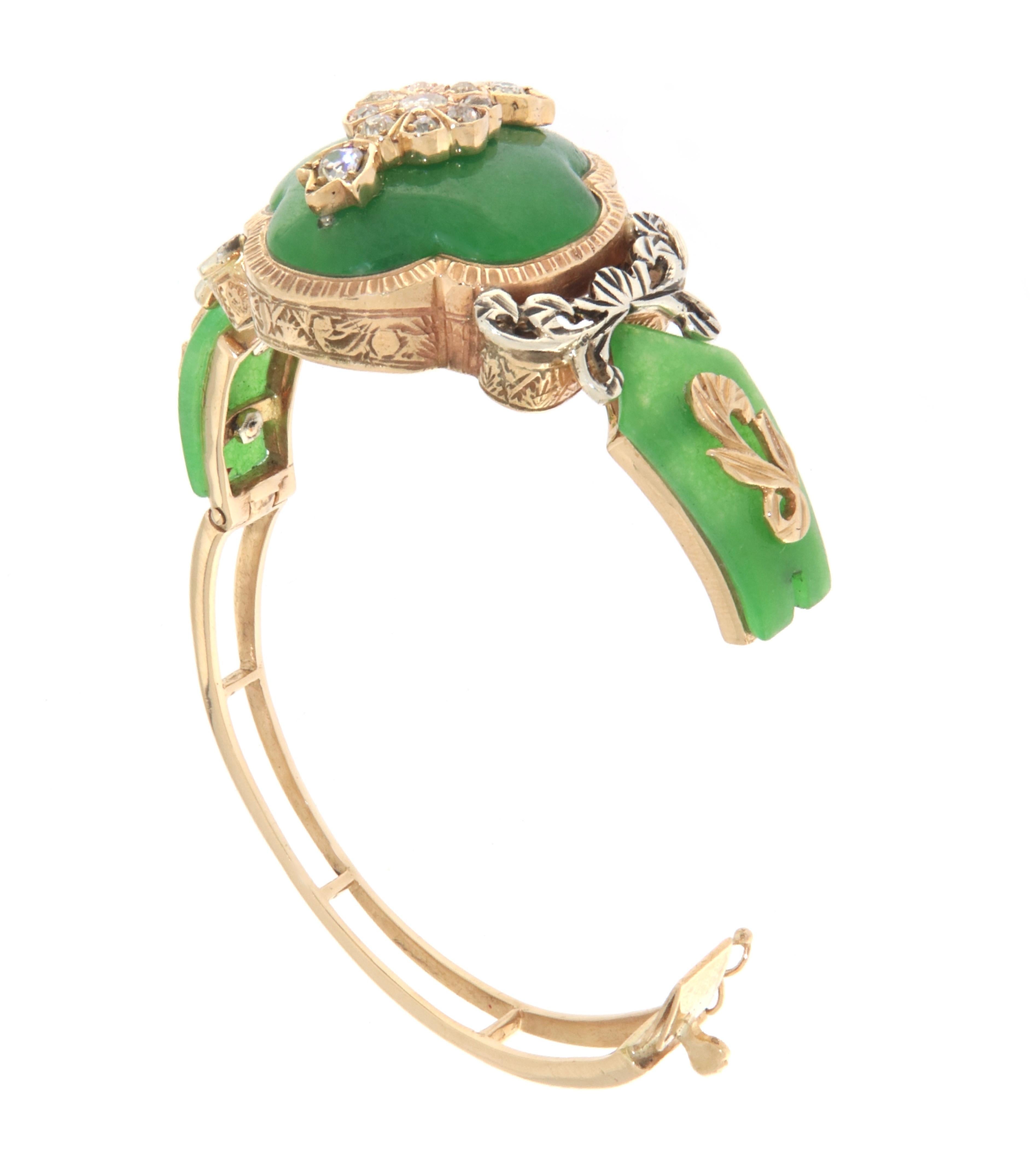 Jade Diamonds 14 Karat Yellow Gold Clamper Bracelet In New Condition For Sale In Marcianise, IT