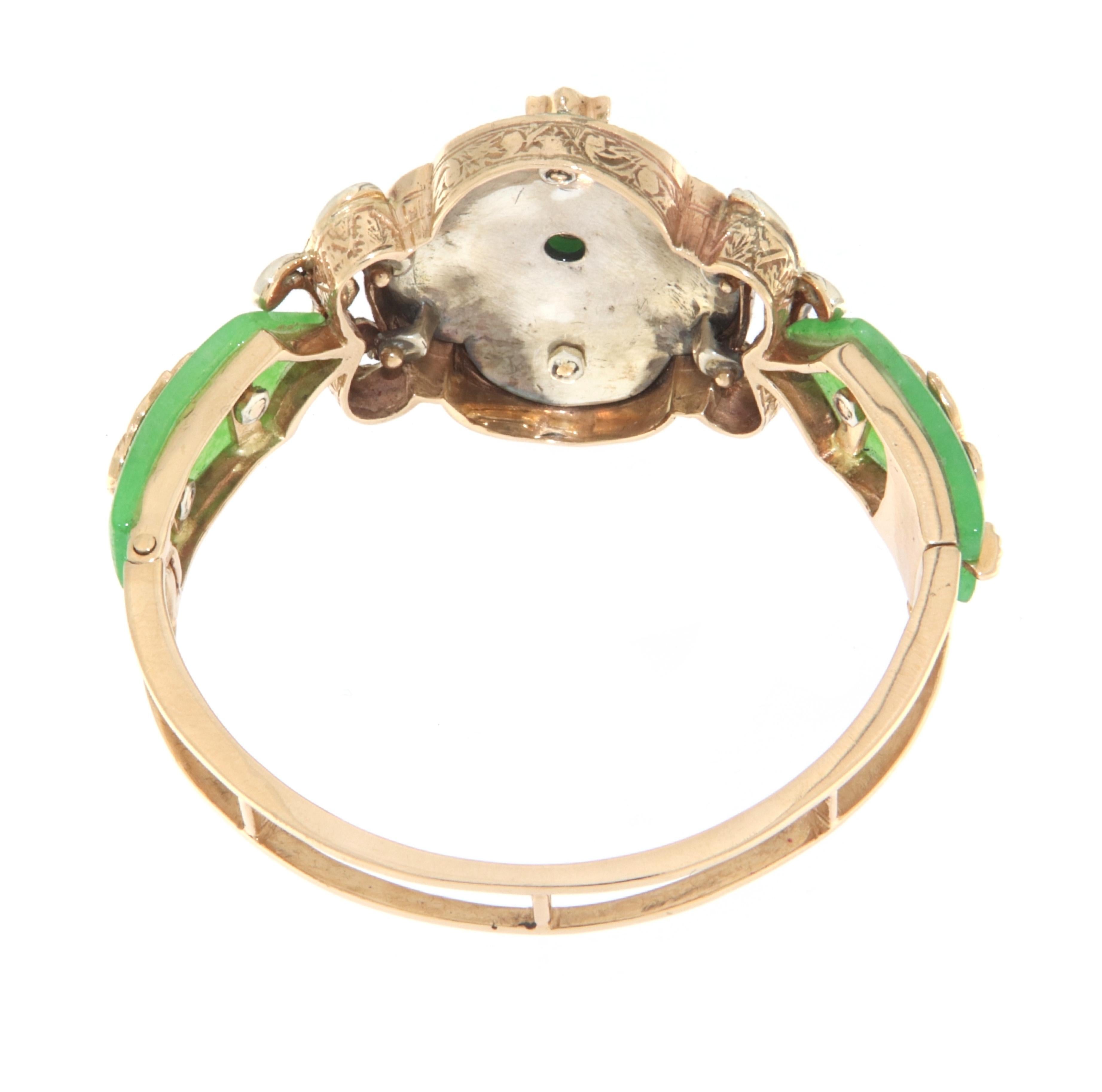 Women's Jade Diamonds 14 Karat Yellow Gold Clamper Bracelet For Sale