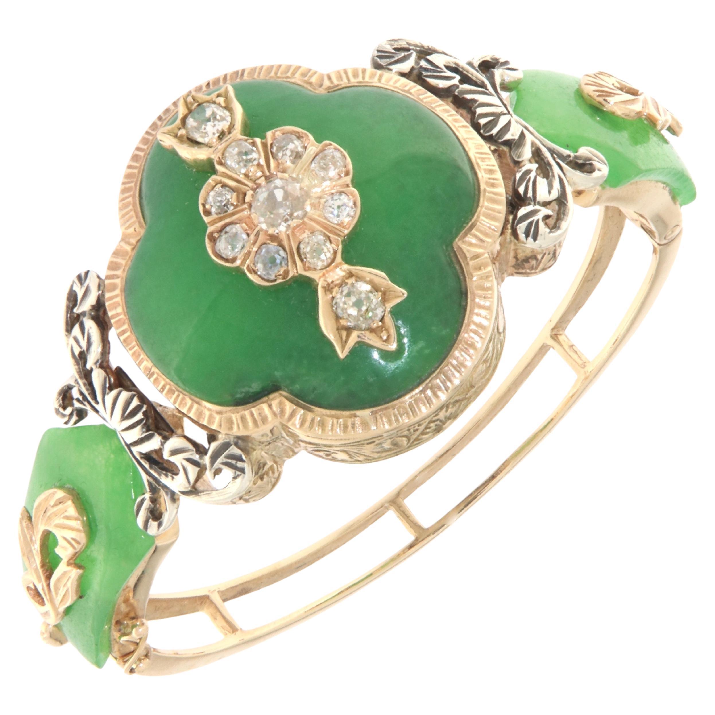 Jade Diamonds 14 Karat Yellow Gold Clamper Bracelet For Sale