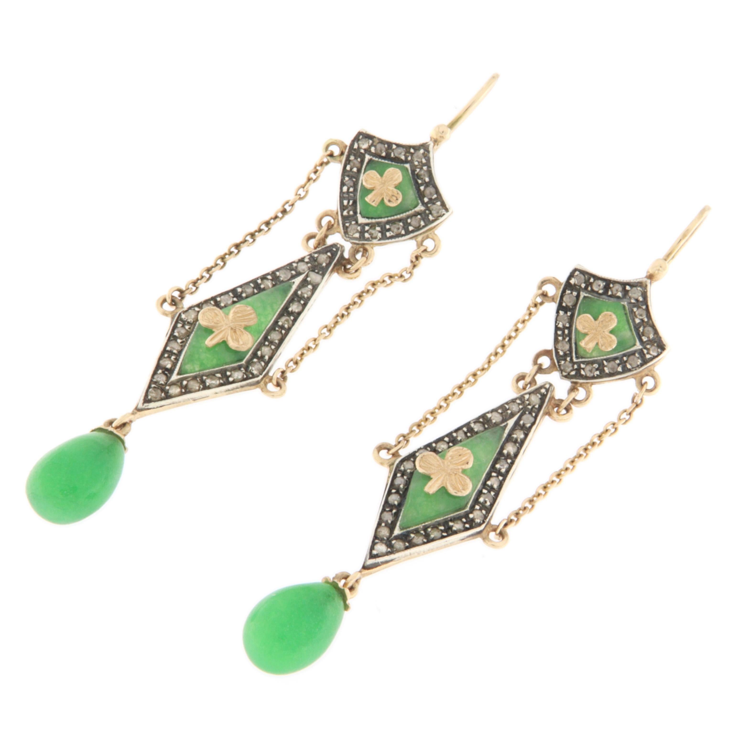 Artisan Jade Diamonds 14 Karat Yellow Gold Drop Earrings For Sale
