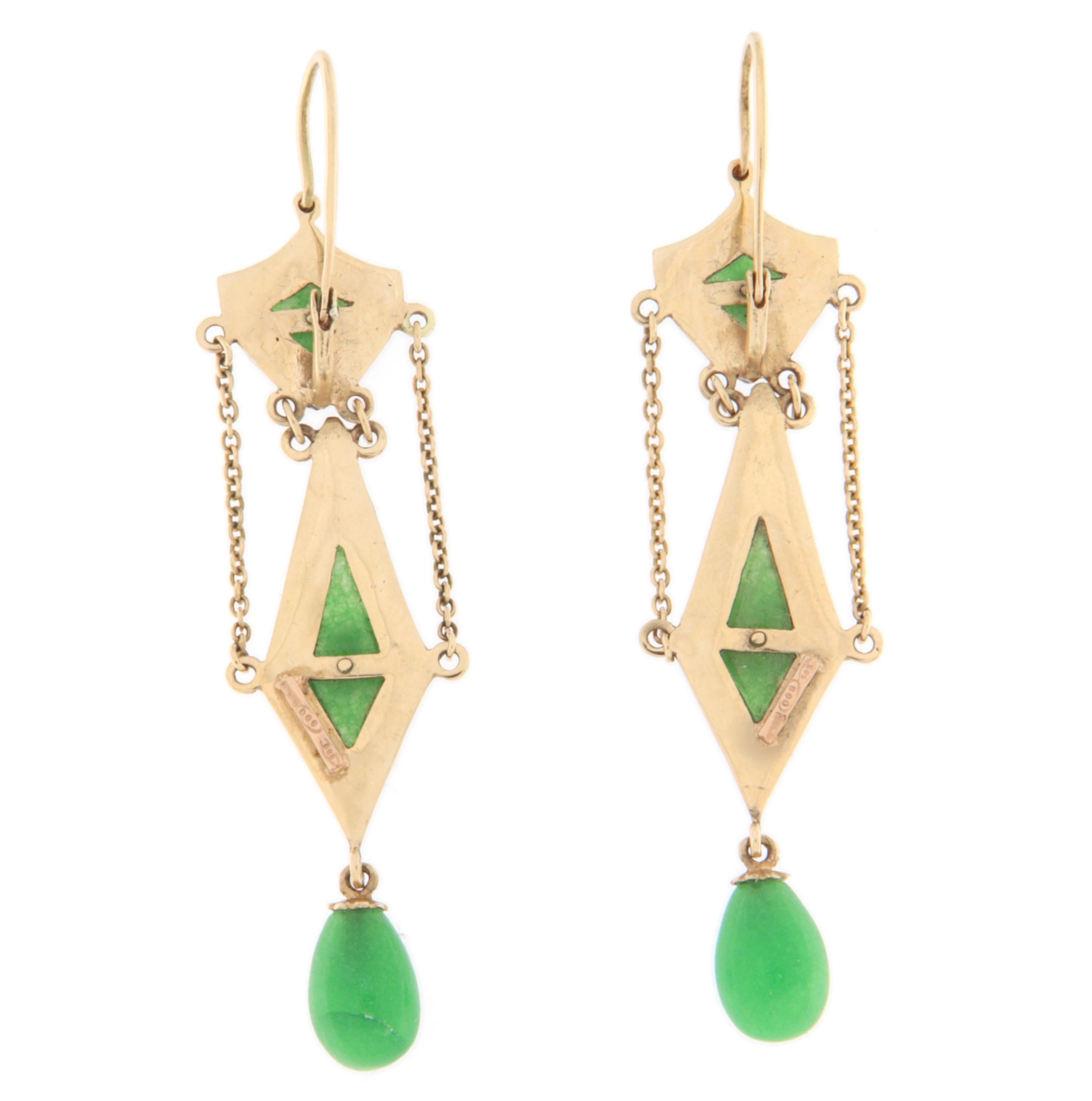 Mixed Cut Jade Diamonds 14 Karat Yellow Gold Drop Earrings For Sale