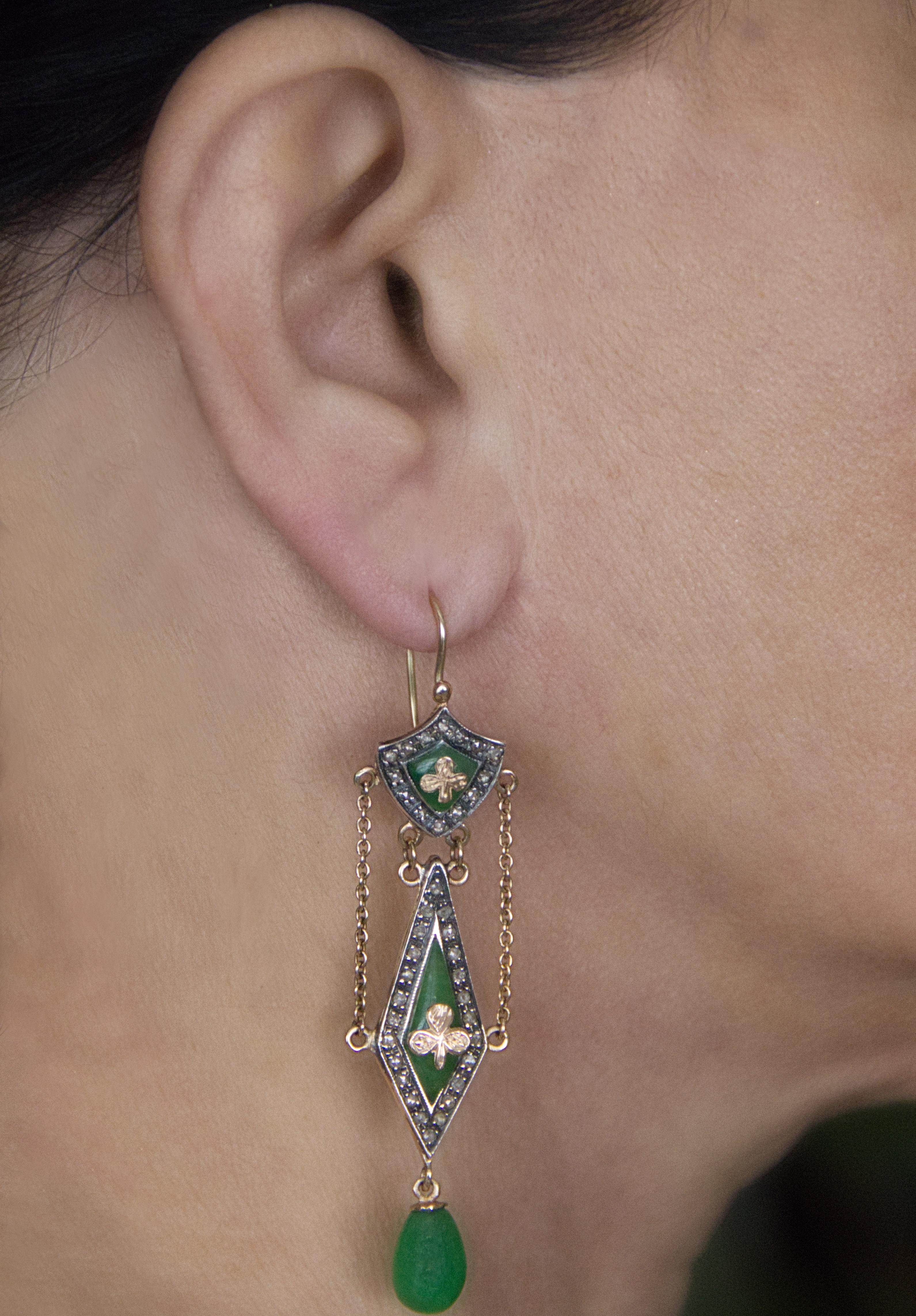 Jade Diamonds 14 Karat Yellow Gold Drop Earrings For Sale 1