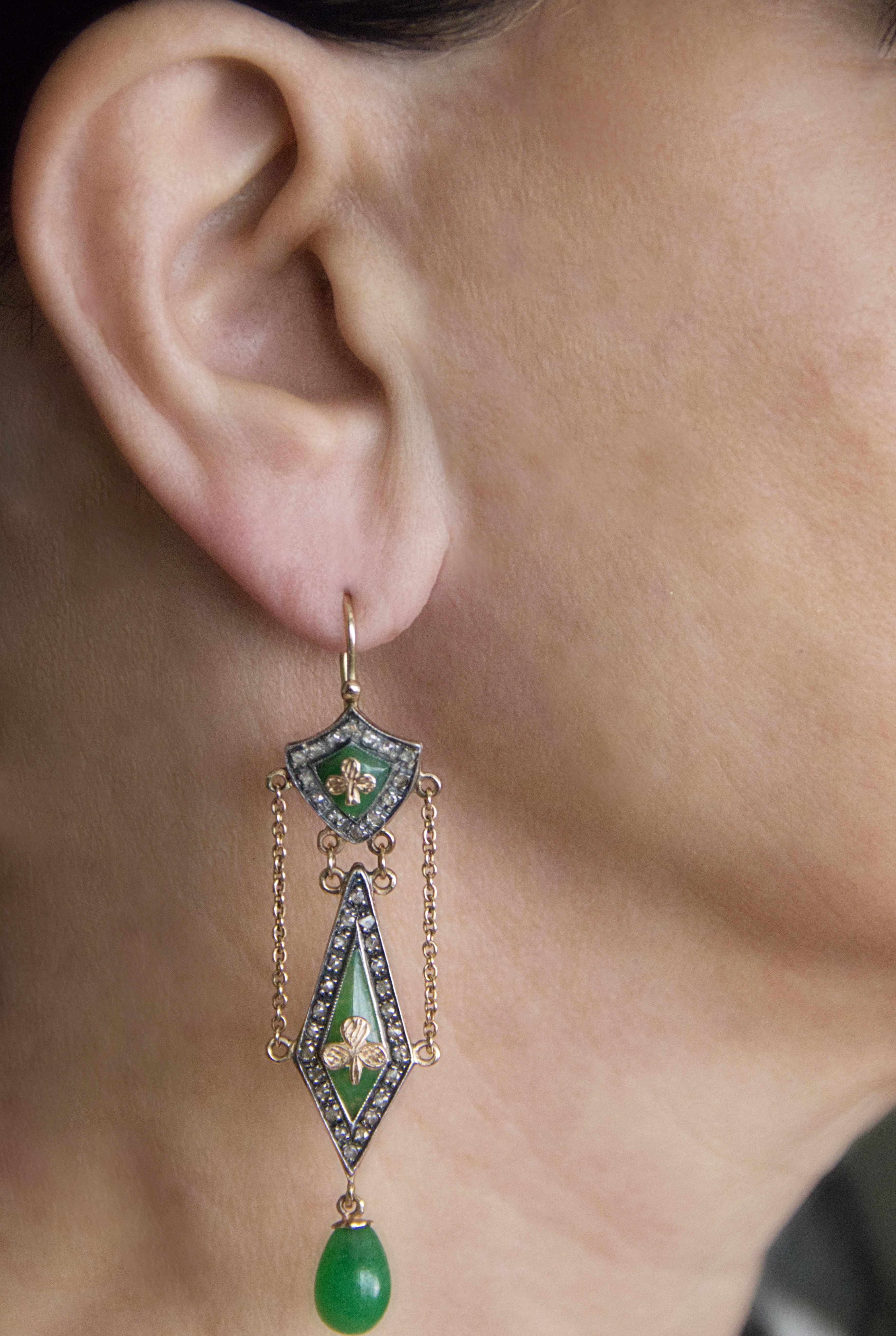 Jade Diamonds 14 Karat Yellow Gold Drop Earrings For Sale 2