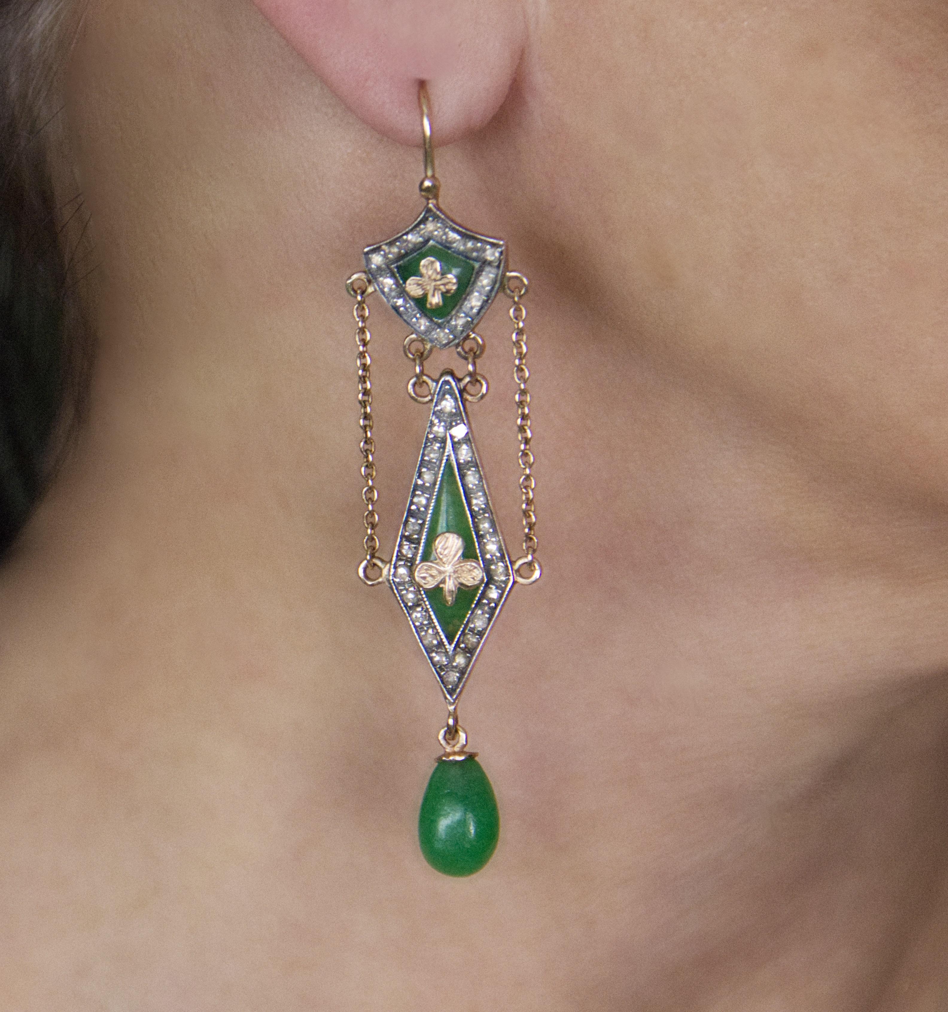 Jade Diamonds 14 Karat Yellow Gold Drop Earrings For Sale 3