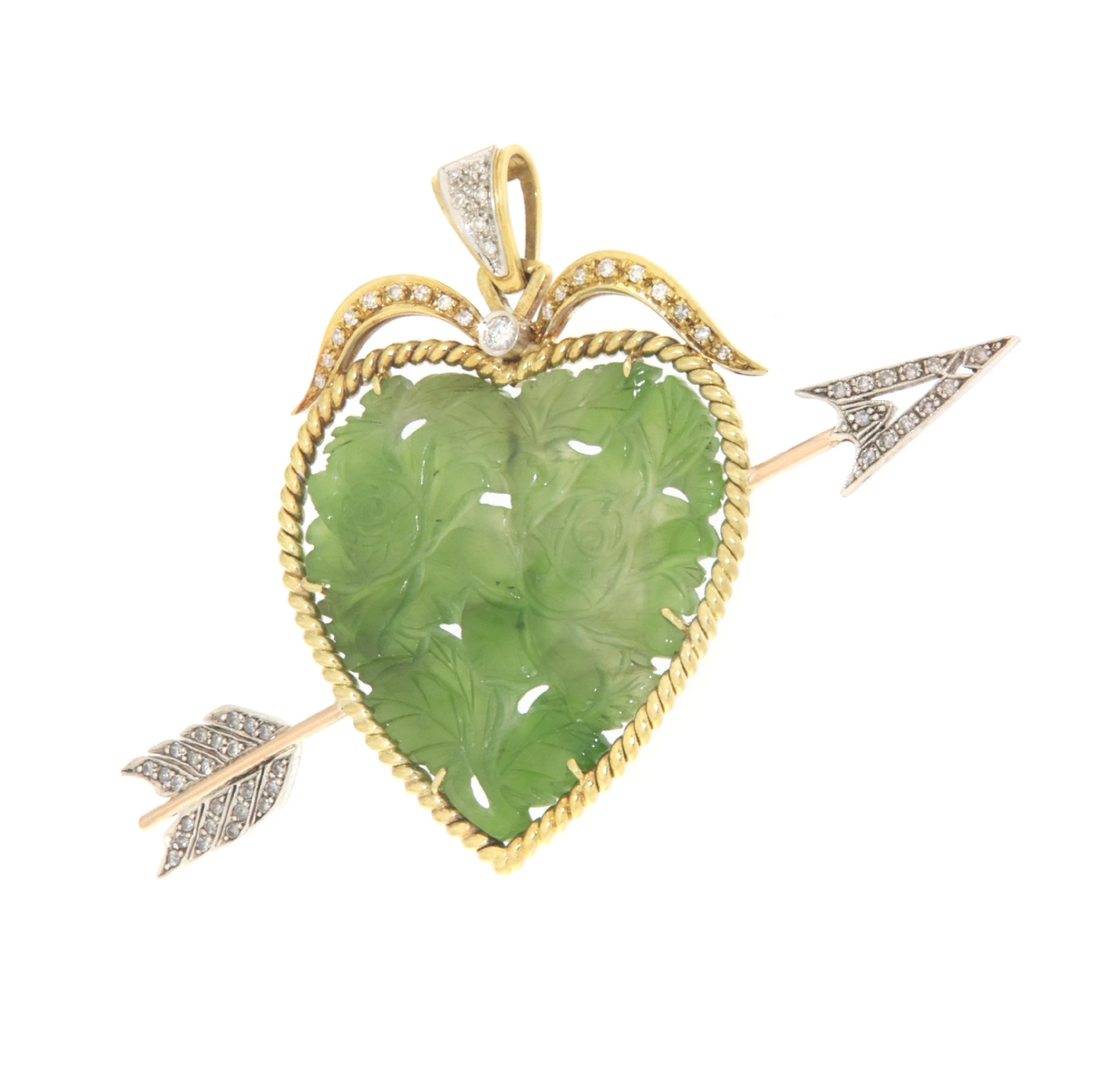 Artisan Jade Diamonds 18 Karat Yellow Gold Pendant Necklace For Sale