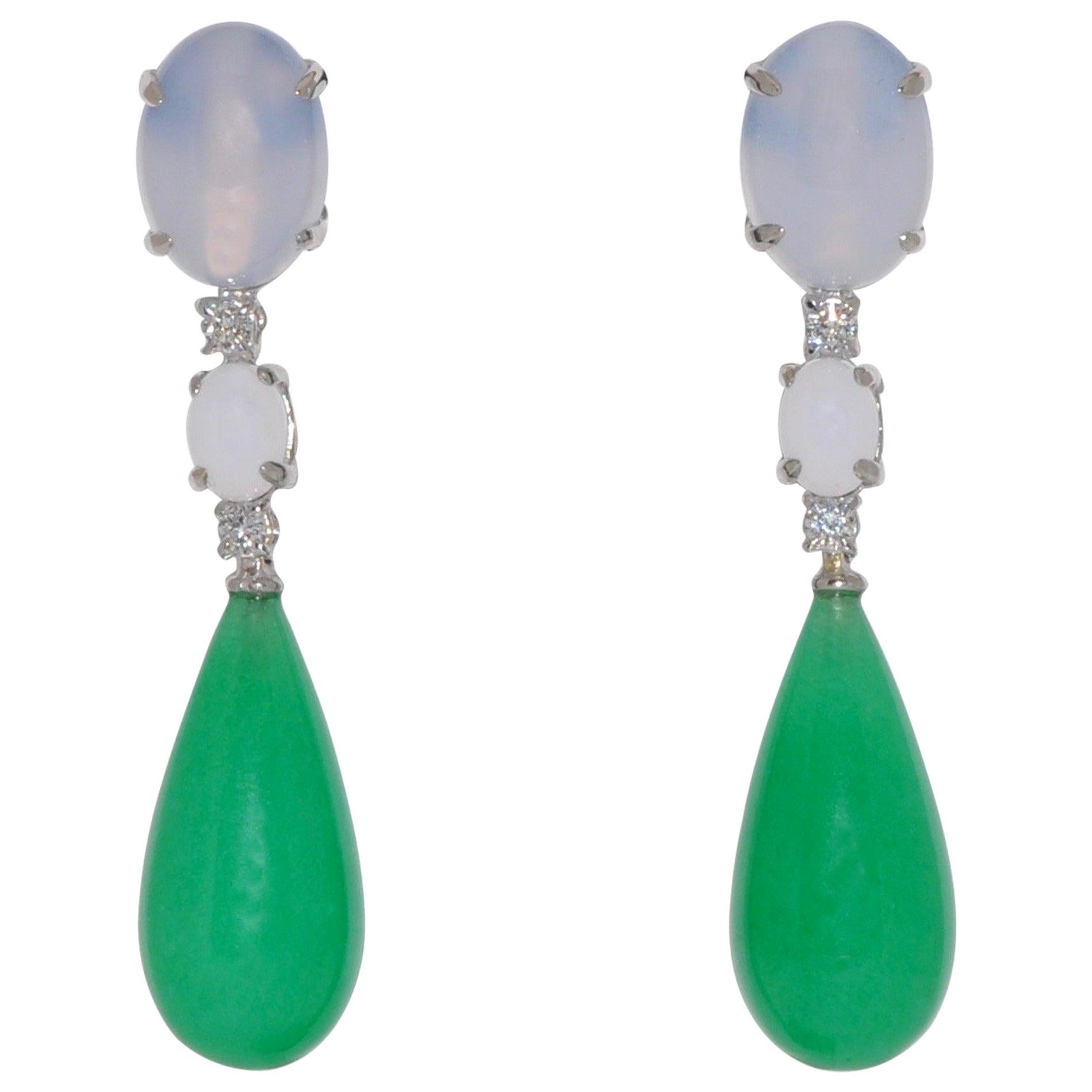 Jade, Diamonds and Chalcedony White Gold Chandelier Earrings