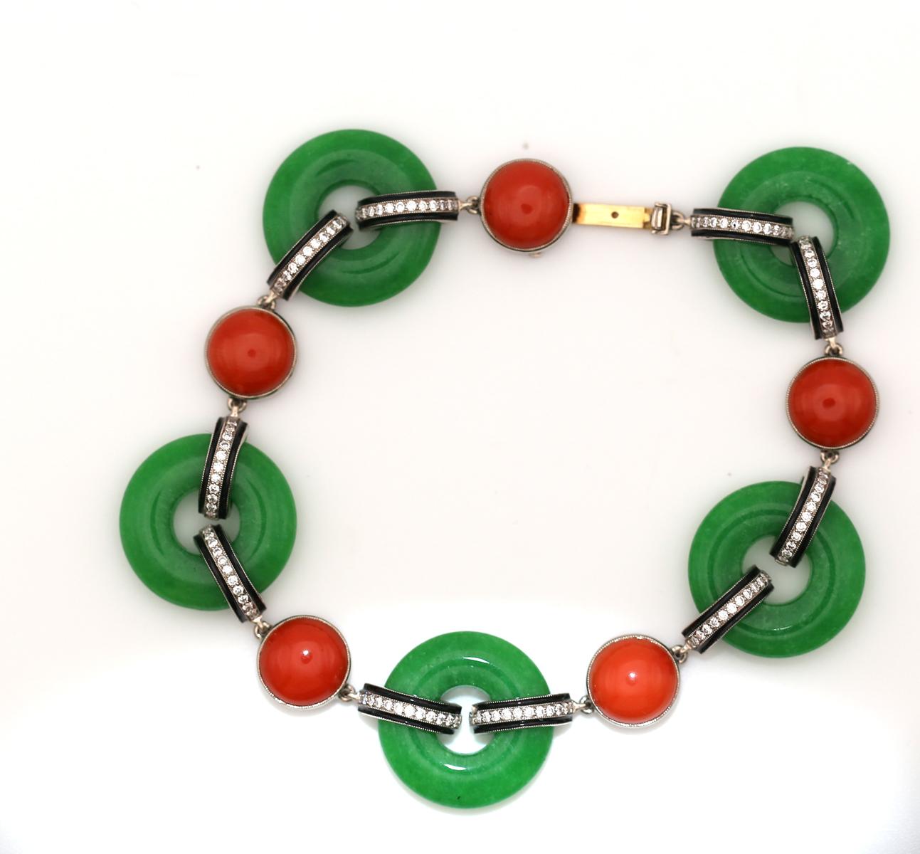 Jade Diamonds Onyx Bracelet Boxed, 1930 For Sale 3