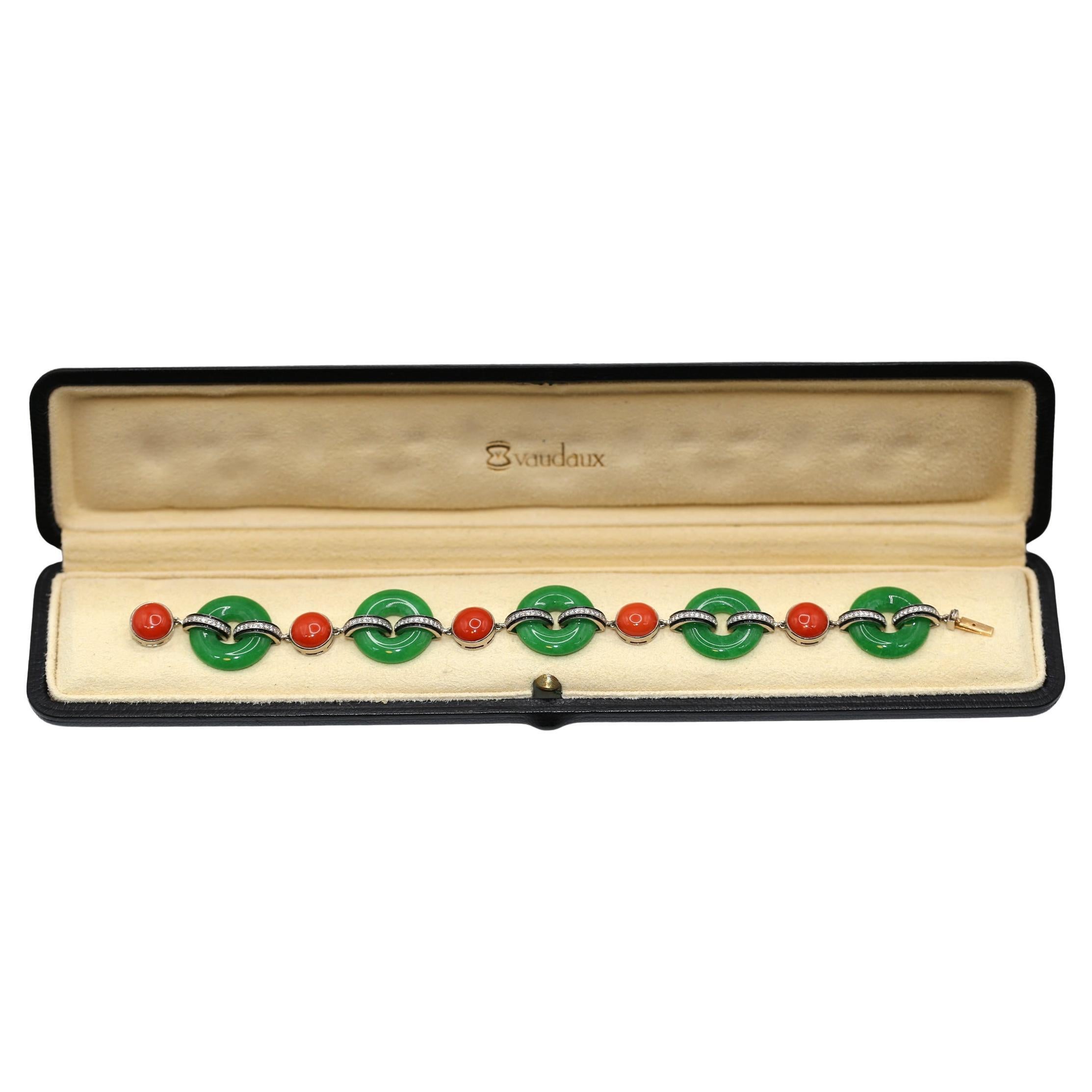 Jade Diamonds Onyx Bracelet Boxed, 1930 For Sale