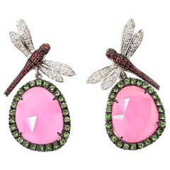 Jade, Diamonds, Sapphires and Tsavorite Dragonfly Earrings in Gold