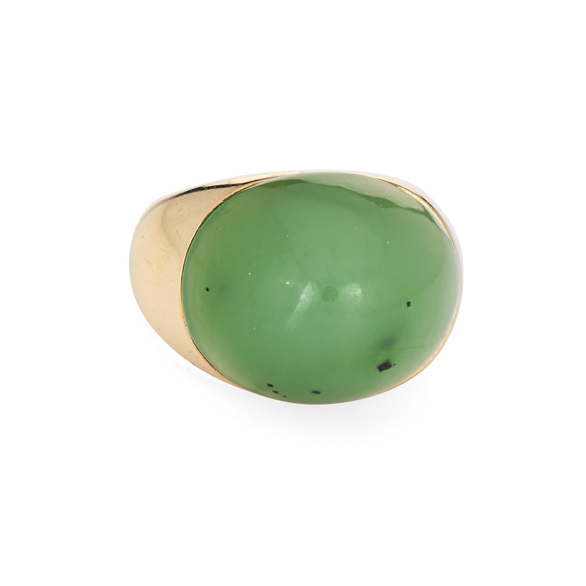 Stylish vintage jade ring (circa 1970s to 1980s) crafted in 14 karat yellow gold. 

Cabochon cut nephrite jade measures 18mm x 15mm. The jade is in very good condition and free or cracks or chips.   

The jade is cabochon cut in a pointed dome and