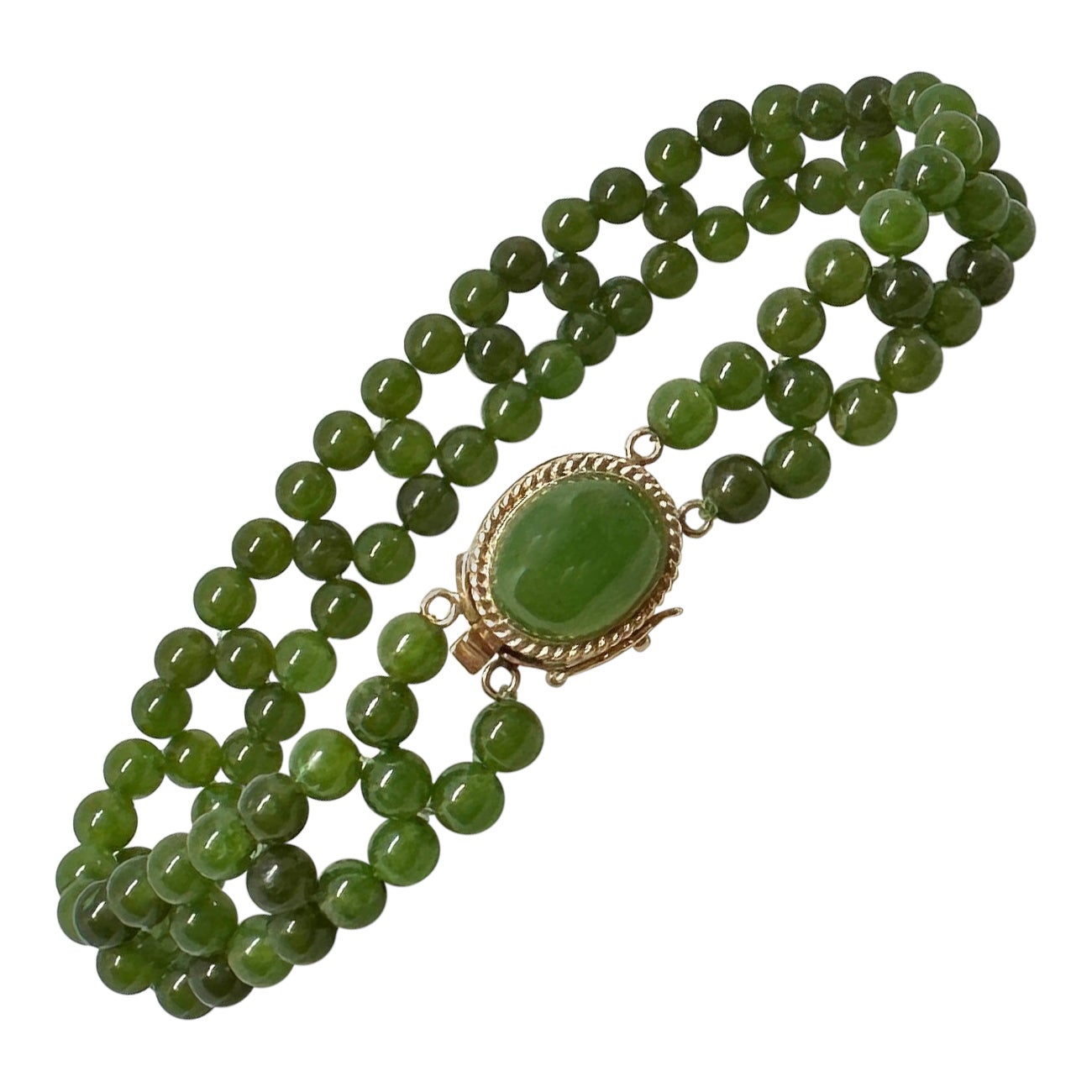 Bracciale di giada a doppio anello in oro giallo 14 carati antico retrò con perle di giada finissime