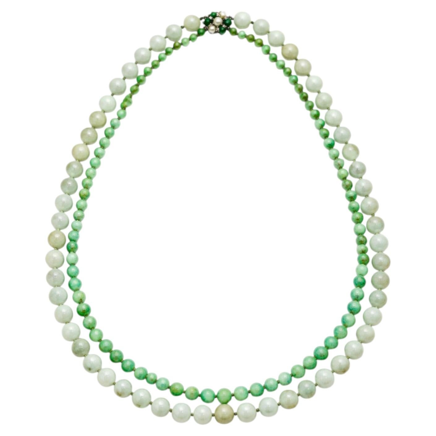 Collier antique Art déco à double rangée en jadeite naturelle certifiée, années 1940