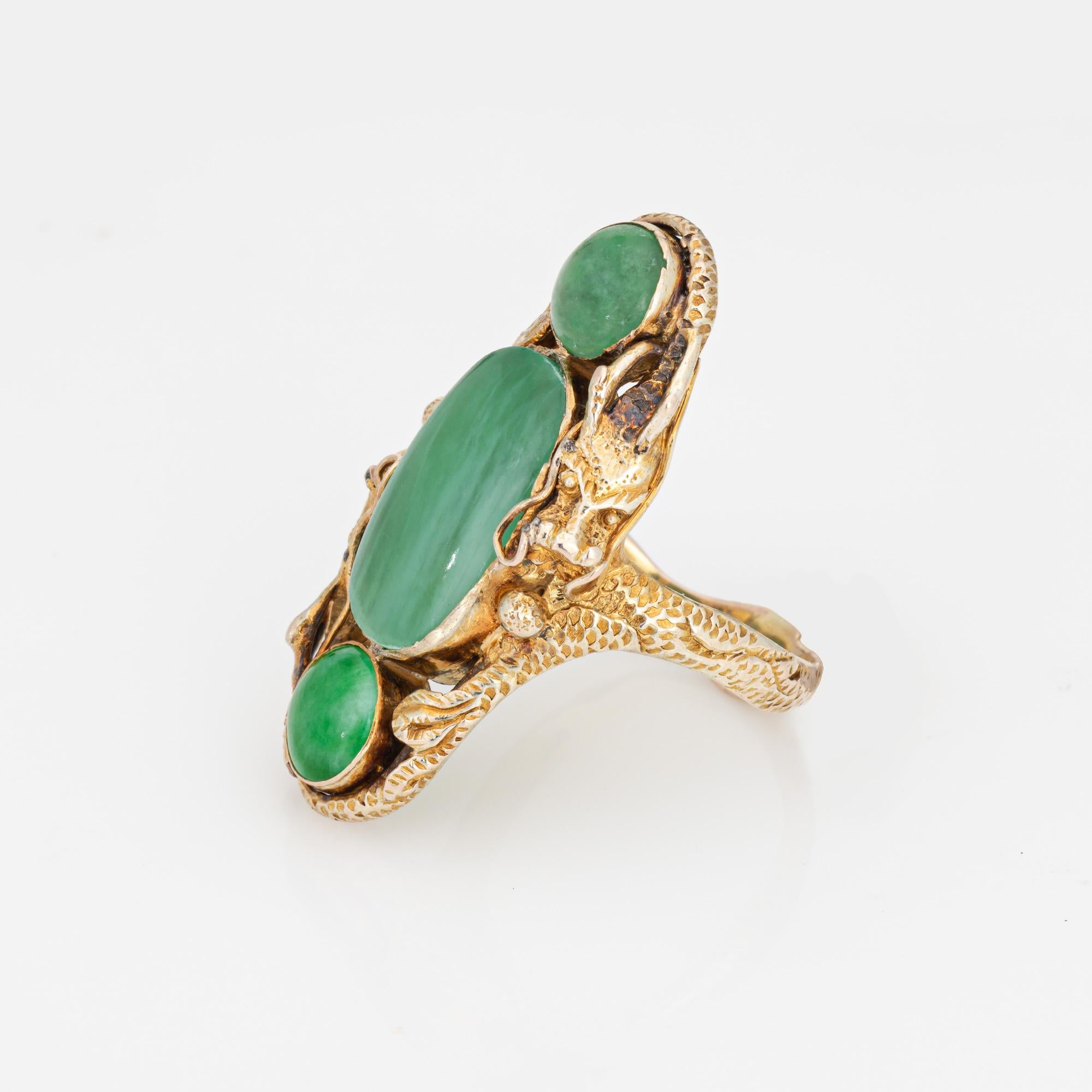 Cabochon Jade Dragon Ring Vintage 10k Yellow Gold Long Cocktail Band Sz 7.5 Fine Jewelry