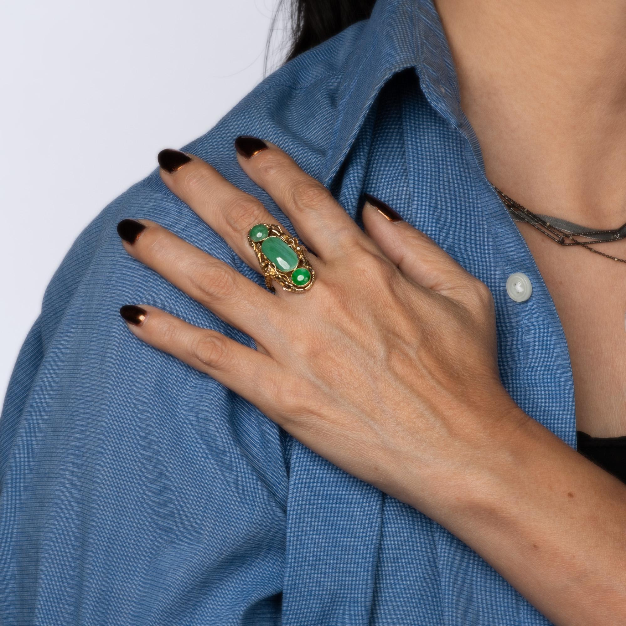 Women's or Men's Jade Dragon Ring Vintage 10k Yellow Gold Long Cocktail Band Sz 7.5 Fine Jewelry