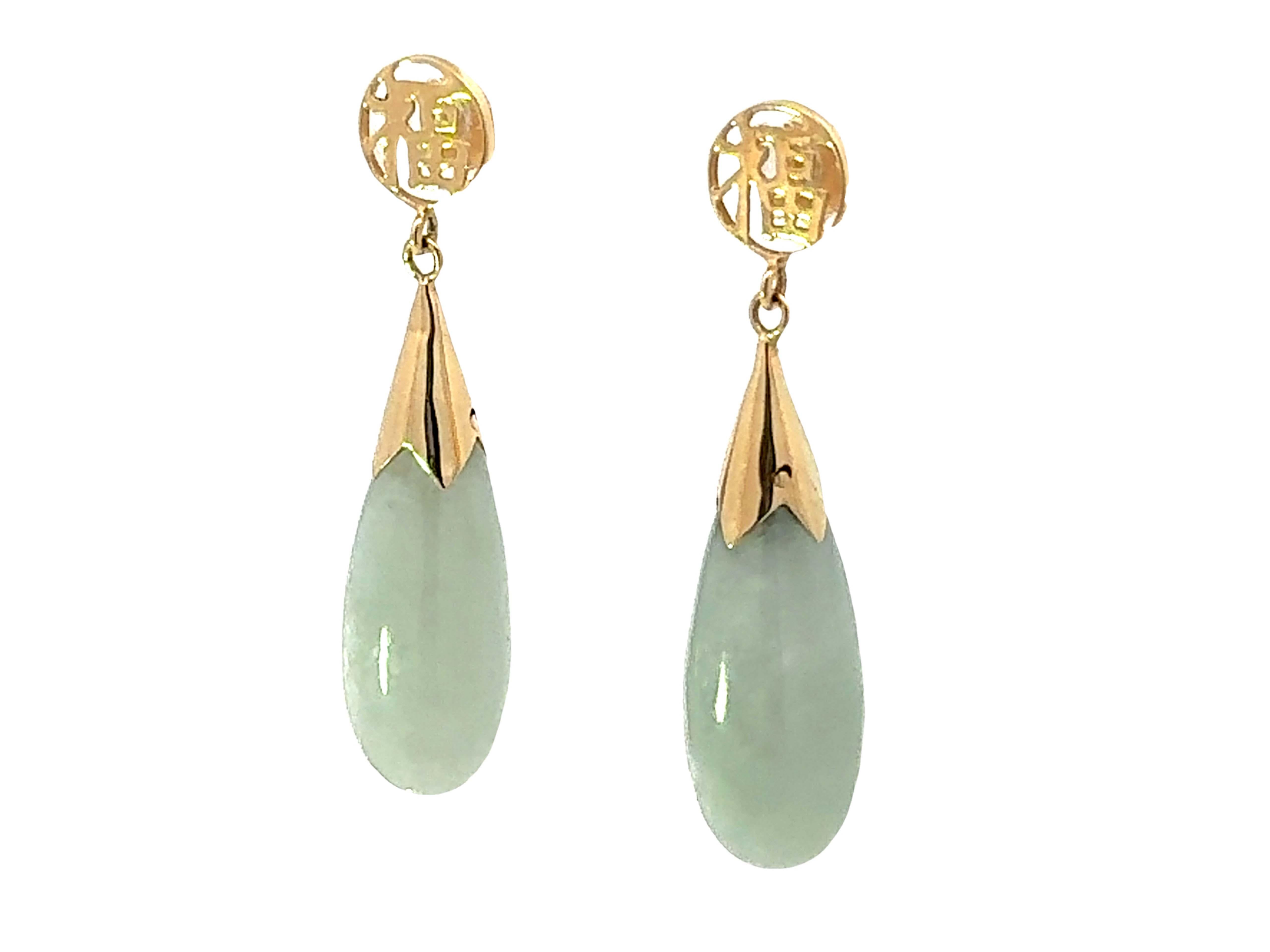 Taglio briolette Orecchini di giada a goccia Buona Fortuna in oro giallo 14k in vendita