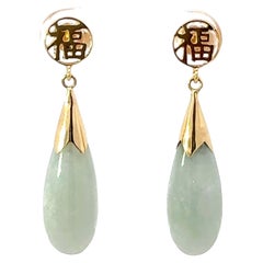 Vintage Jade Drop Earrings Good Fortune 14k Yellow Gold