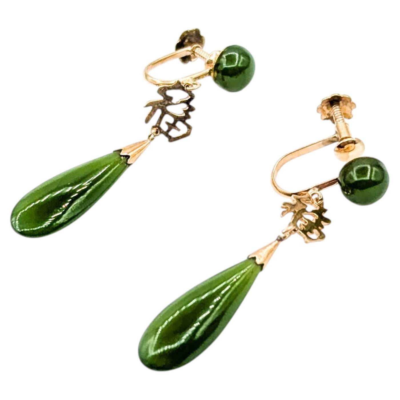 Jade Drop Earrings in 14k Yellow Gold