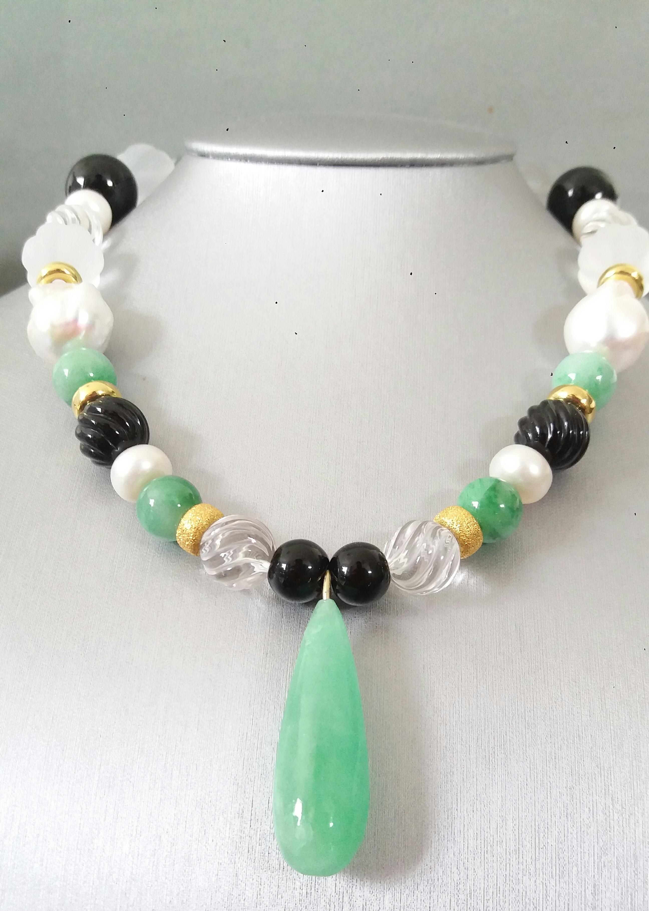 Mixed Cut Jade Drop Pendant Baroque Pearls Rock Crystal Black Onyx Yellow Gold Necklaces For Sale