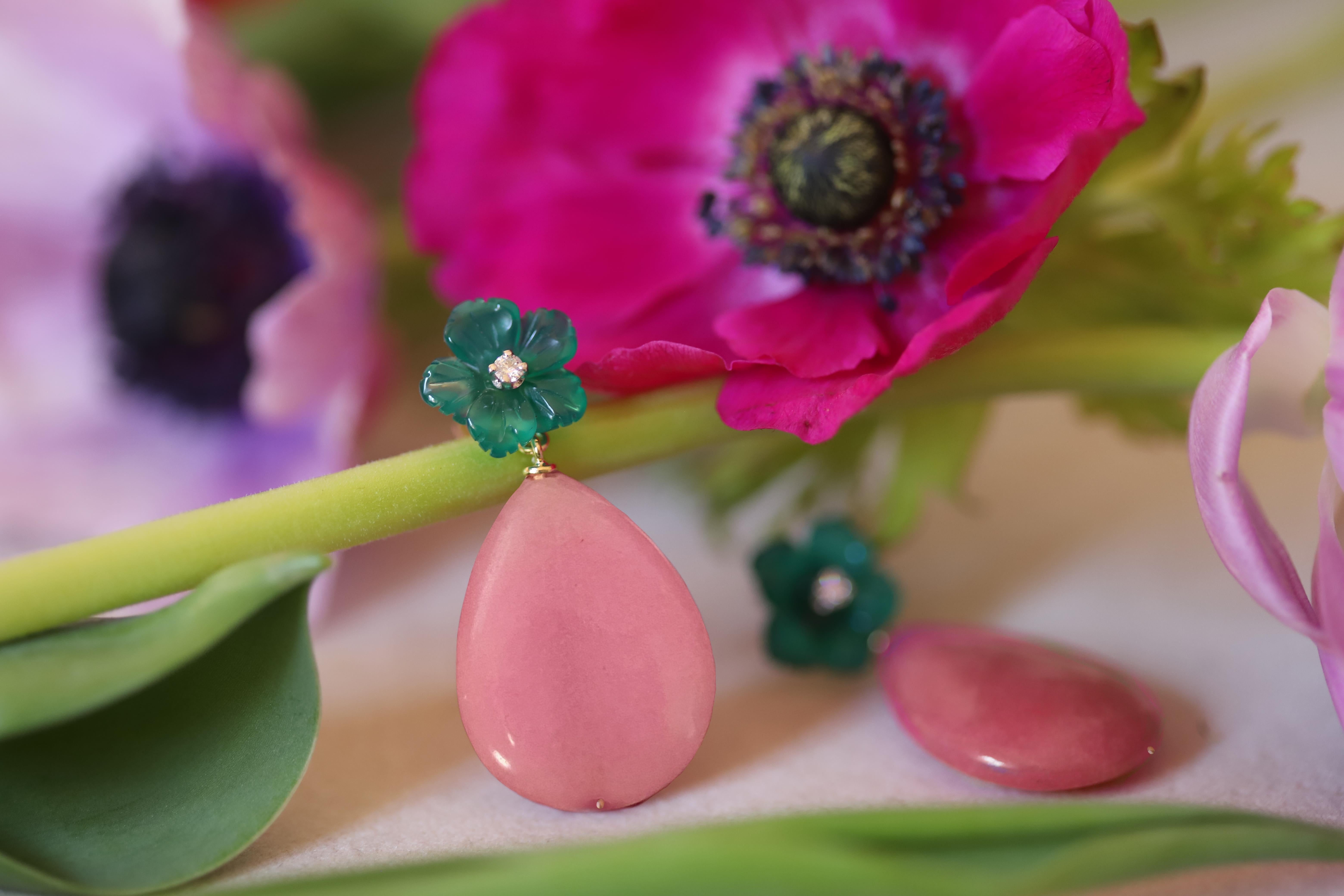 Jade Tropfen Diamanten Grüner Achat 18K Gold Happy Flower Ohrhänger (Art déco) im Angebot