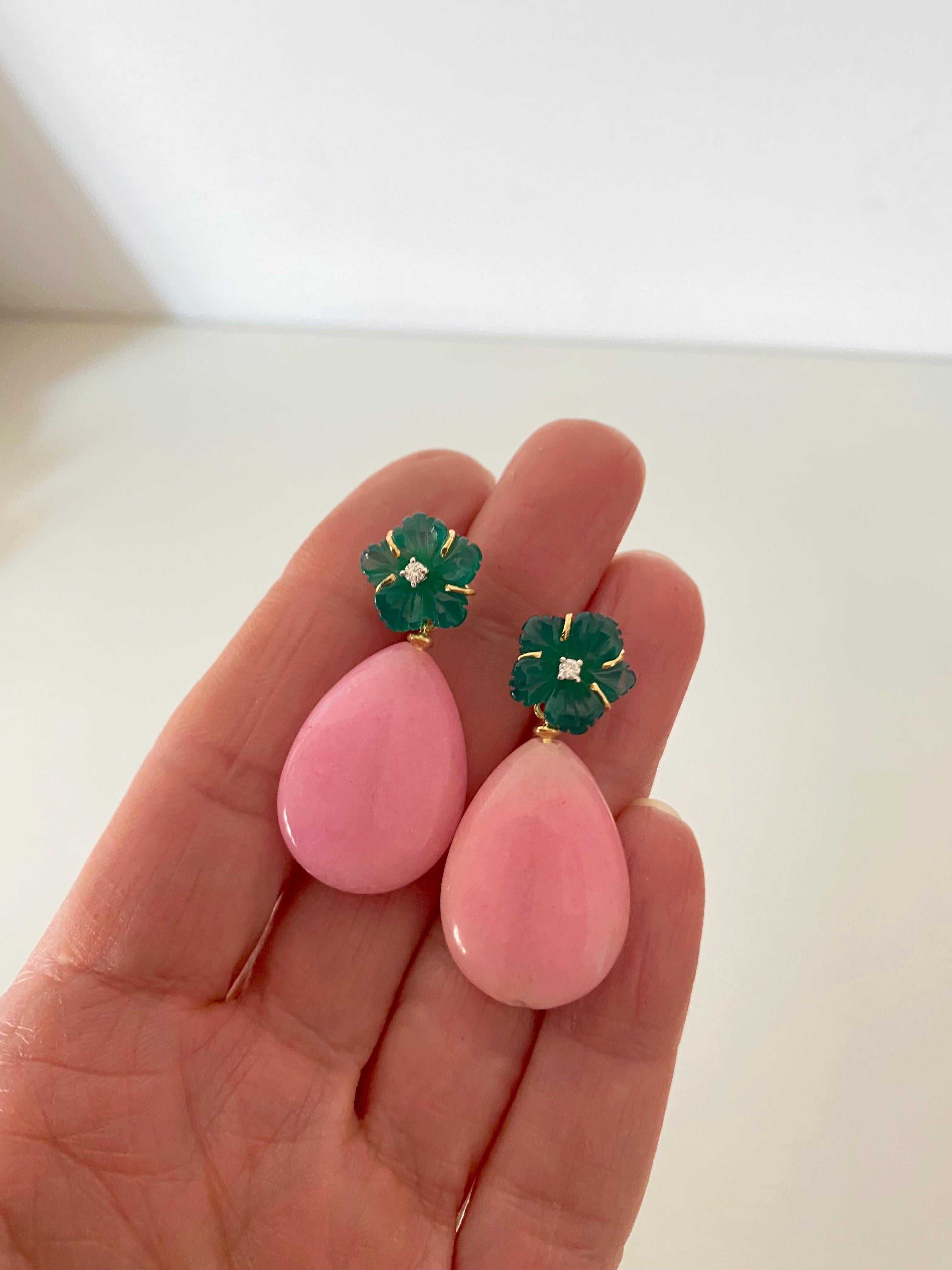 Art Deco Jade Drops Diamonds Green Agate 18k Gold Happy Flower Dangle Earrings For Sale