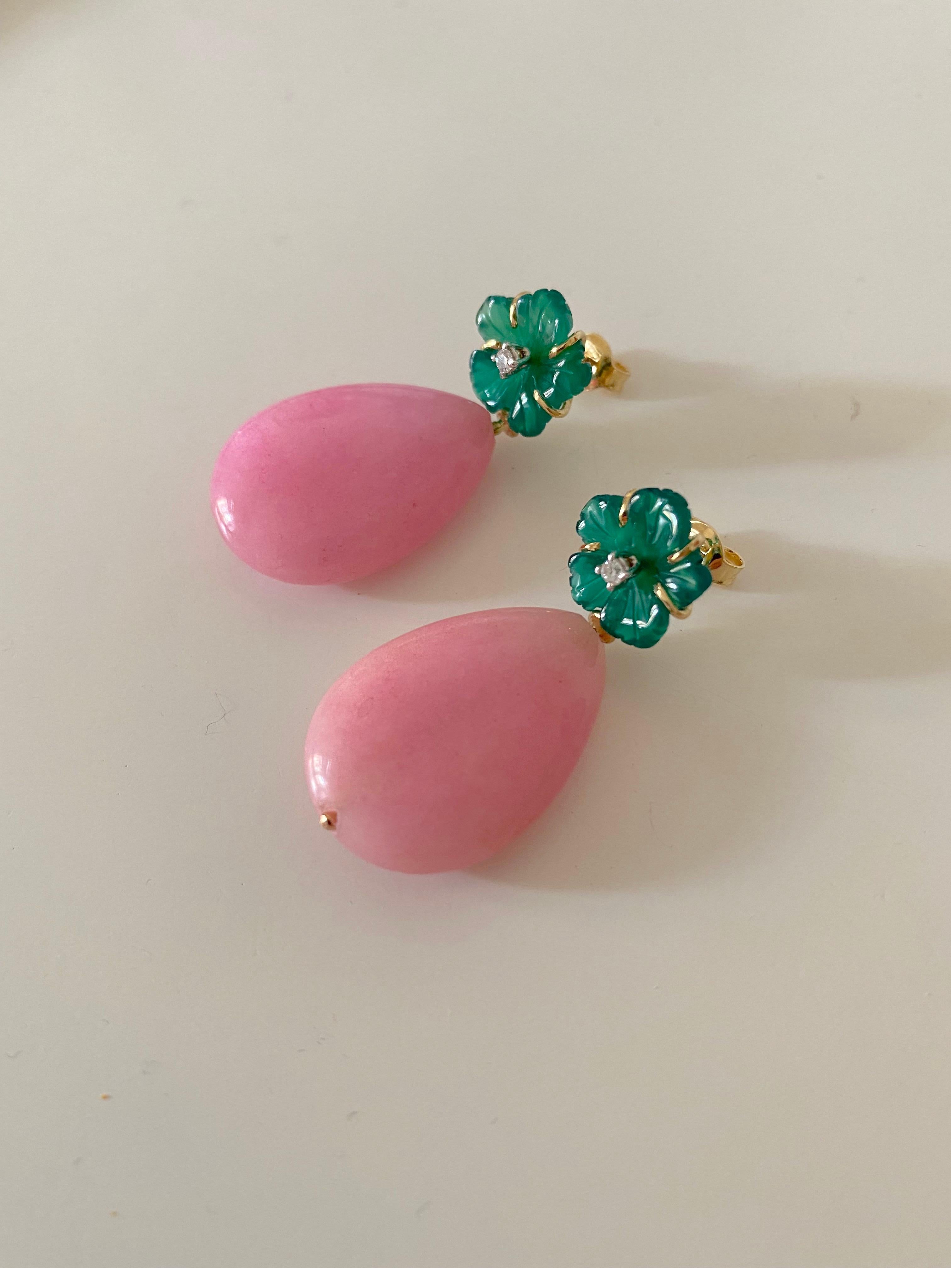 Brilliant Cut Jade Drops Diamonds Green Agate 18k Gold Happy Flower Dangle Earrings For Sale