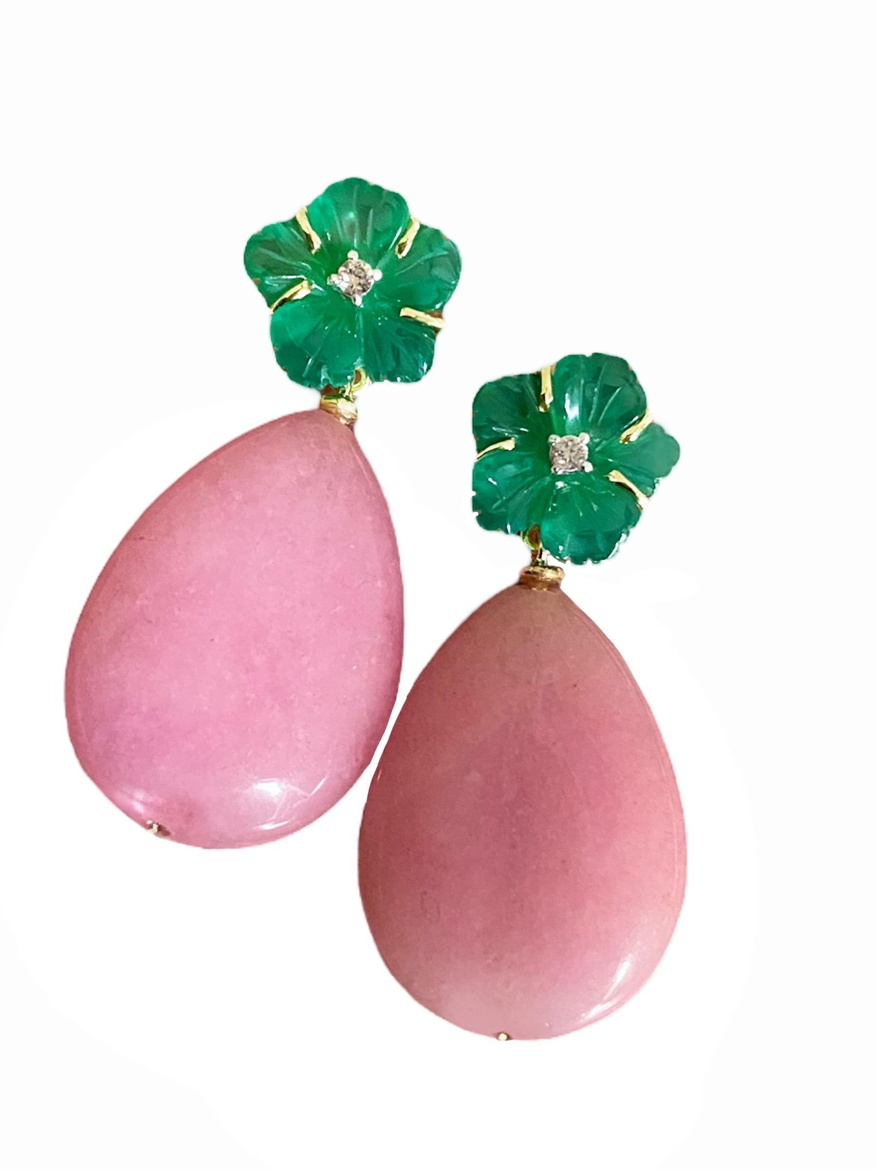 Women's Jade Drops Diamonds Green Agate 18k Gold Happy Flower Dangle Earrings For Sale