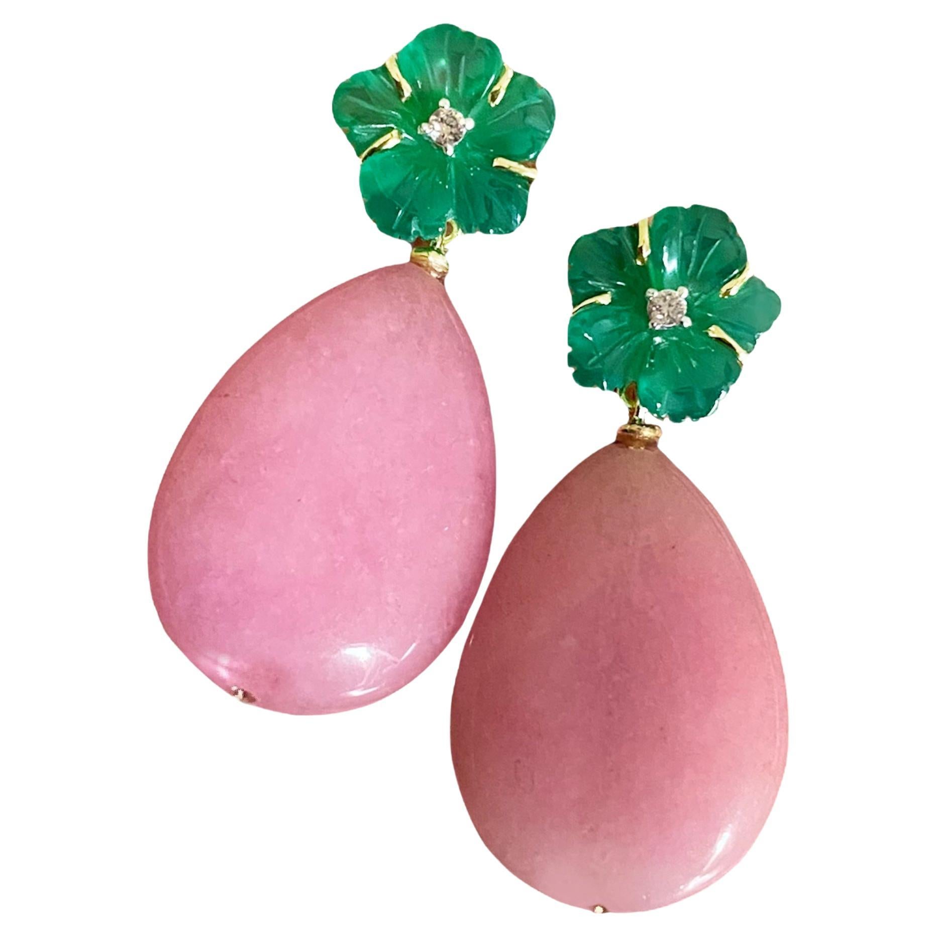 Jade Drops Diamonds Green Agate 18k Gold Happy Flower Dangle Earrings