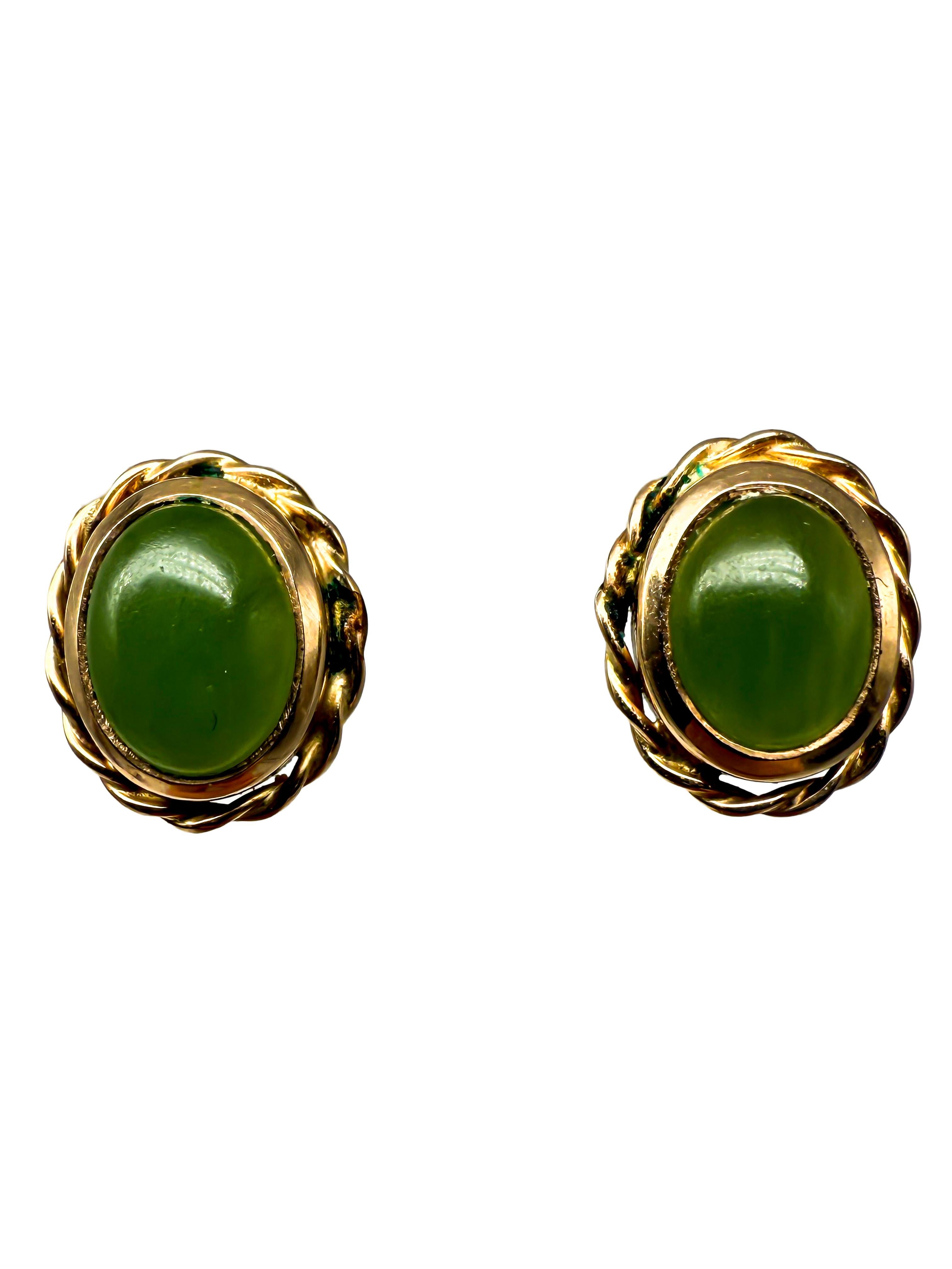 Boucles d'oreilles en jade, or jaune 14k Excellent état - En vente à Berlin, DE