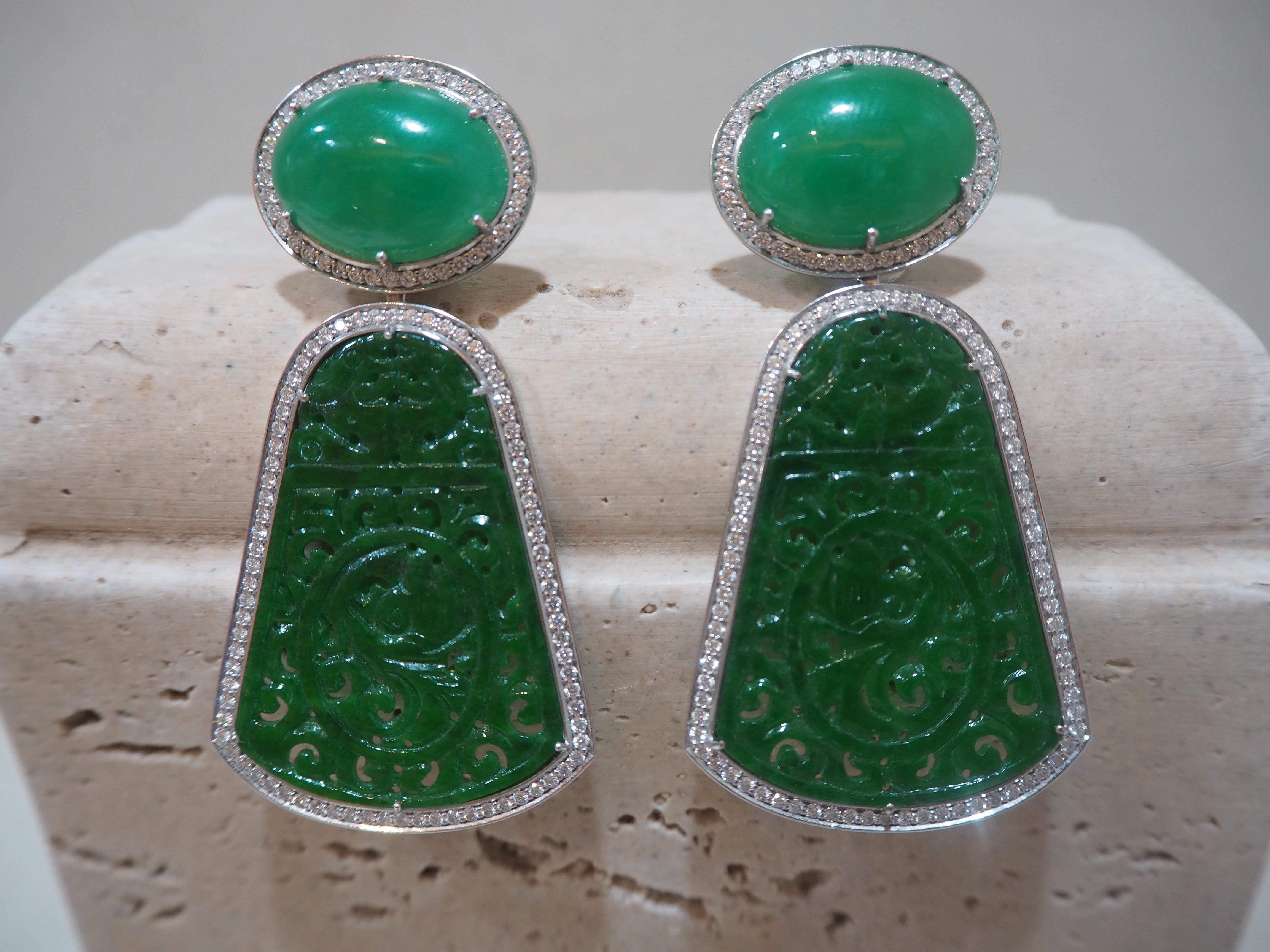 Imperial-Jade Earrings 21ct, Unique Pice 18 kt WG with Diamonds 2,40ct Hvvs