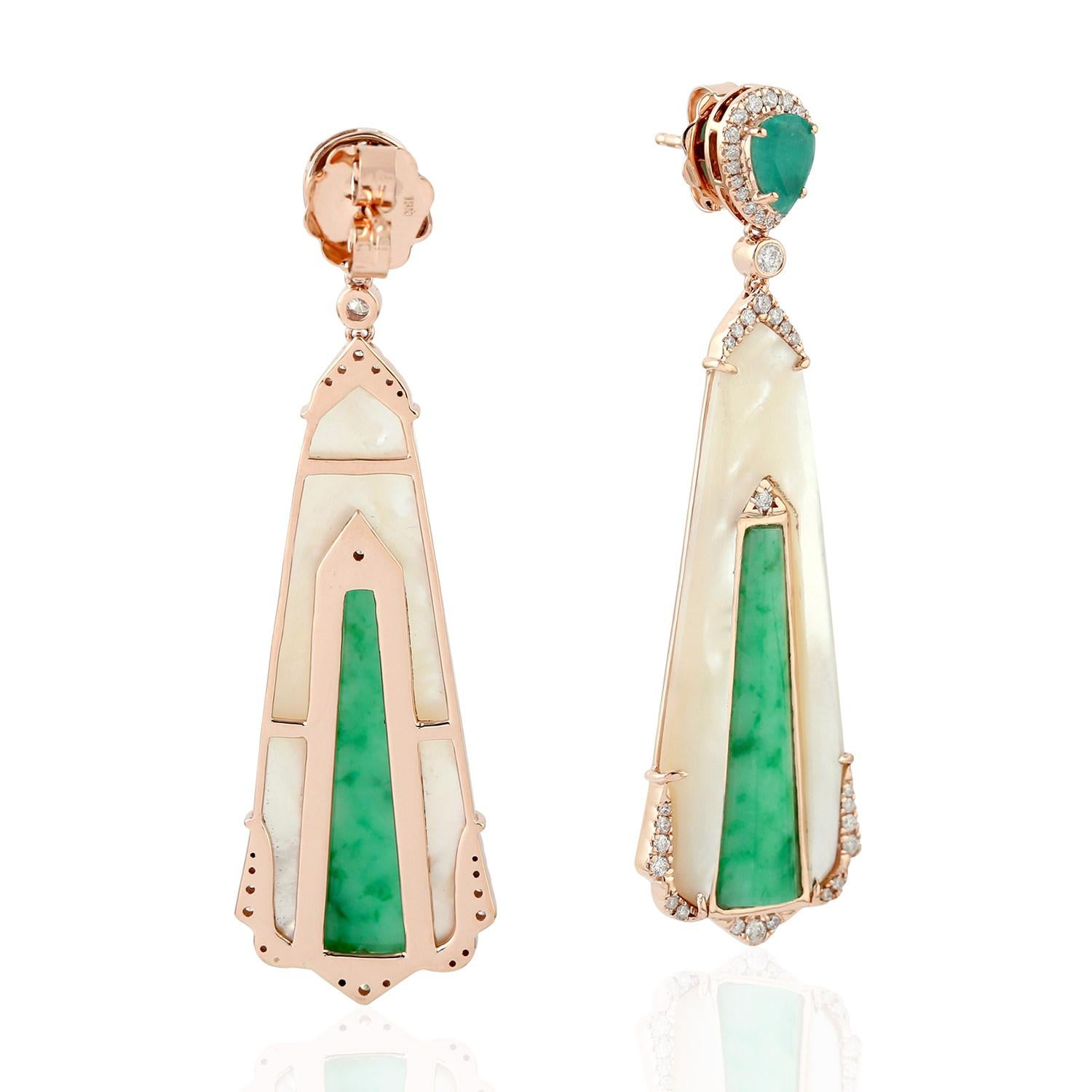 Modern Jade Emerald 18 Karat Gold Diamond Earrings For Sale