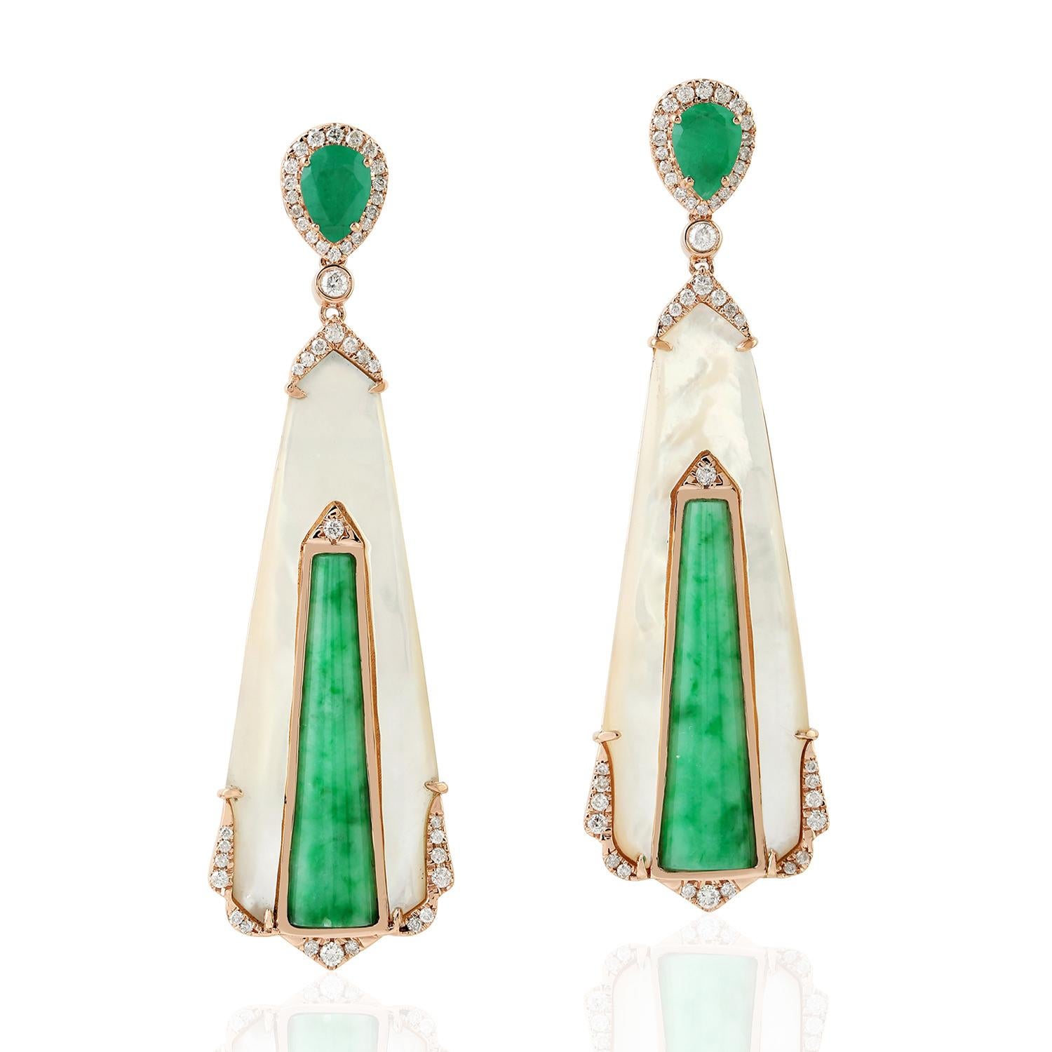Mixed Cut Jade Emerald 18 Karat Gold Diamond Earrings For Sale