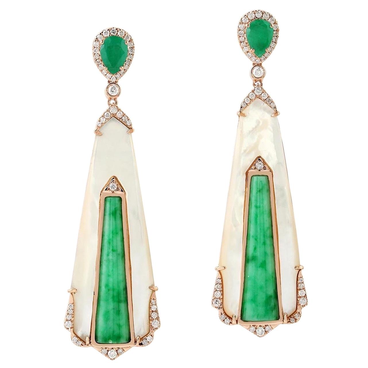 Jade Emerald 18 Karat Gold Diamond Earrings