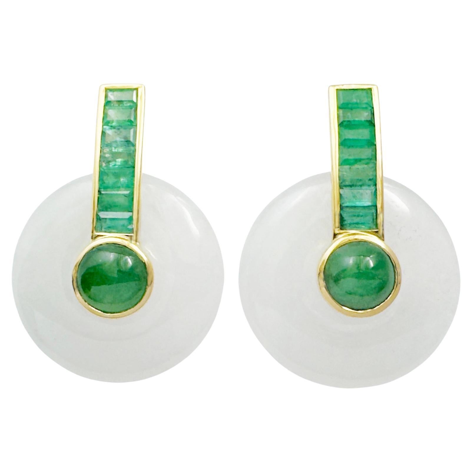 Jade, Emerald and Cabochon Emerald Earrings set in 18K Gold Settings