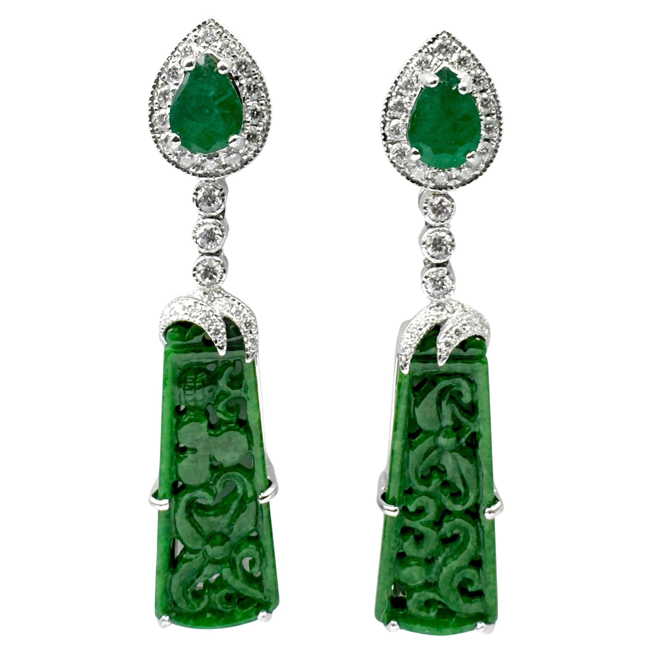 Jade, Emerald and Diamond Earrings set in 18K White Gold Settings